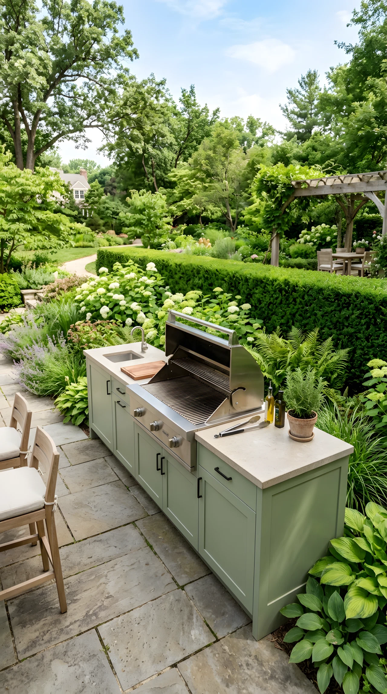 Wide-angle photograph of an outdoor kitchen island with cabinet fronts in a muted sage green (RGB 156, 175, 136), paired with a neutral honed stone countertop and built-in grill, the island positioned beside a lush garden bed and clipped hedge so the color blends into the greenery, vibrant natural daylight, realistic wide-lens photography showing the full island against the garden backdrop.