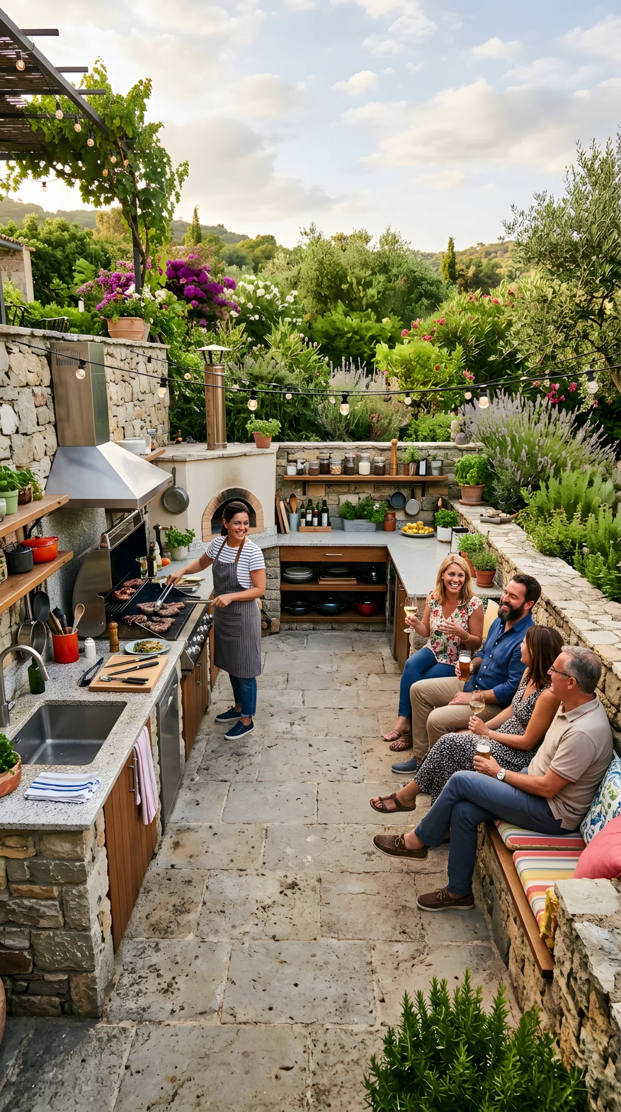 Wide-angle photograph of a U-shaped outdoor kitchen wrapping three sides of a patio, built-in grill, sink, and prep counter along the walls, a built-in bench seat along the open fourth side with guests sitting and chatting with the cook, vibrant colors, warm daytime lighting, lush garden visible beyond the patio edge, realistic wide-lens photography showing the complete U-shaped footprint.