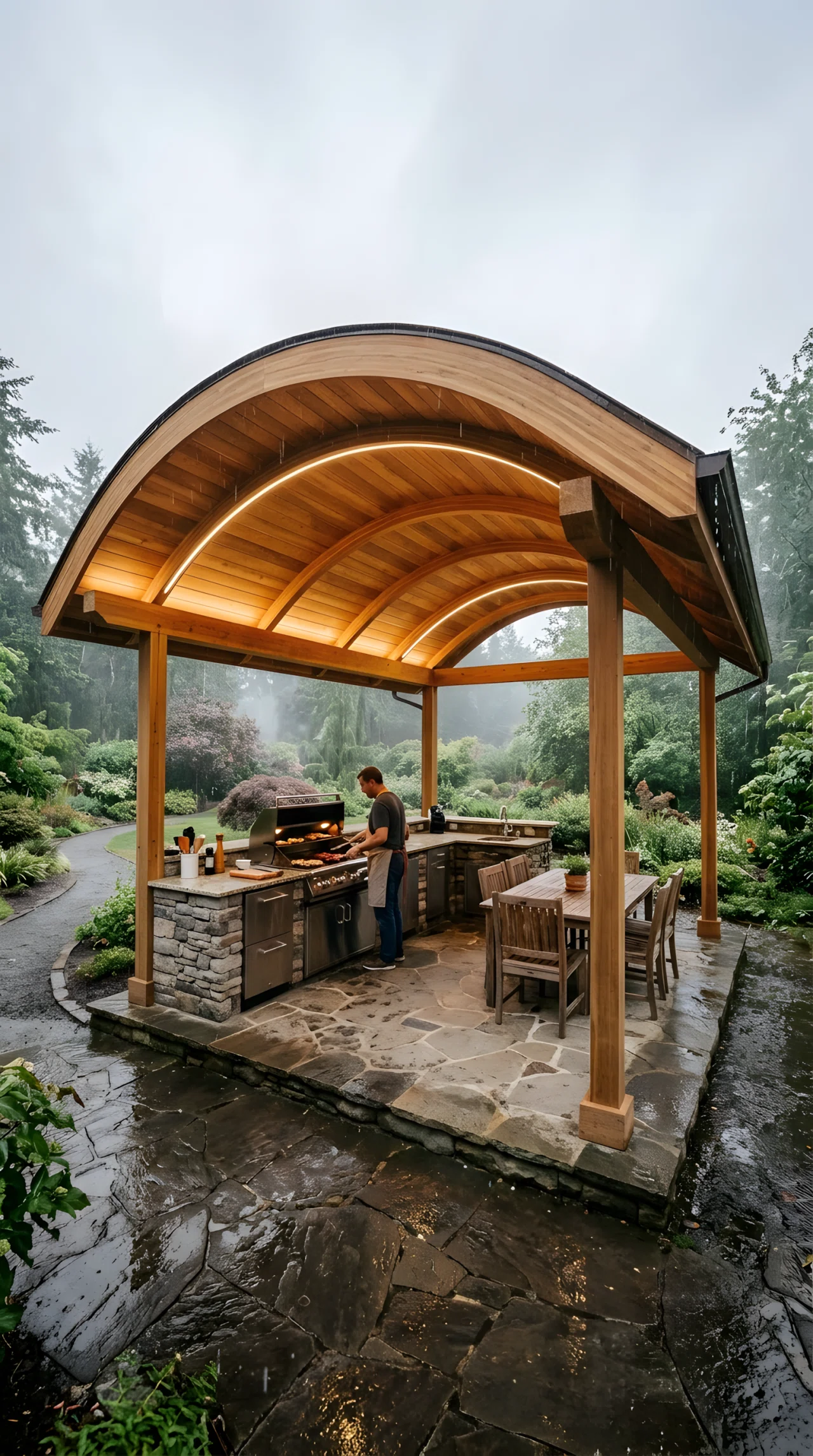 Wide-angle photograph of a standalone outdoor kitchen pavilion with a solid vaulted cedar wood roof, open sides supported by slim wooden beams, built-in grill and stone counter underneath, rain visible falling just outside the covered footprint while the cooking area stays fully dry, vibrant natural colors, overcast daylight, realistic wide-lens photography capturing the whole pavilion structure.