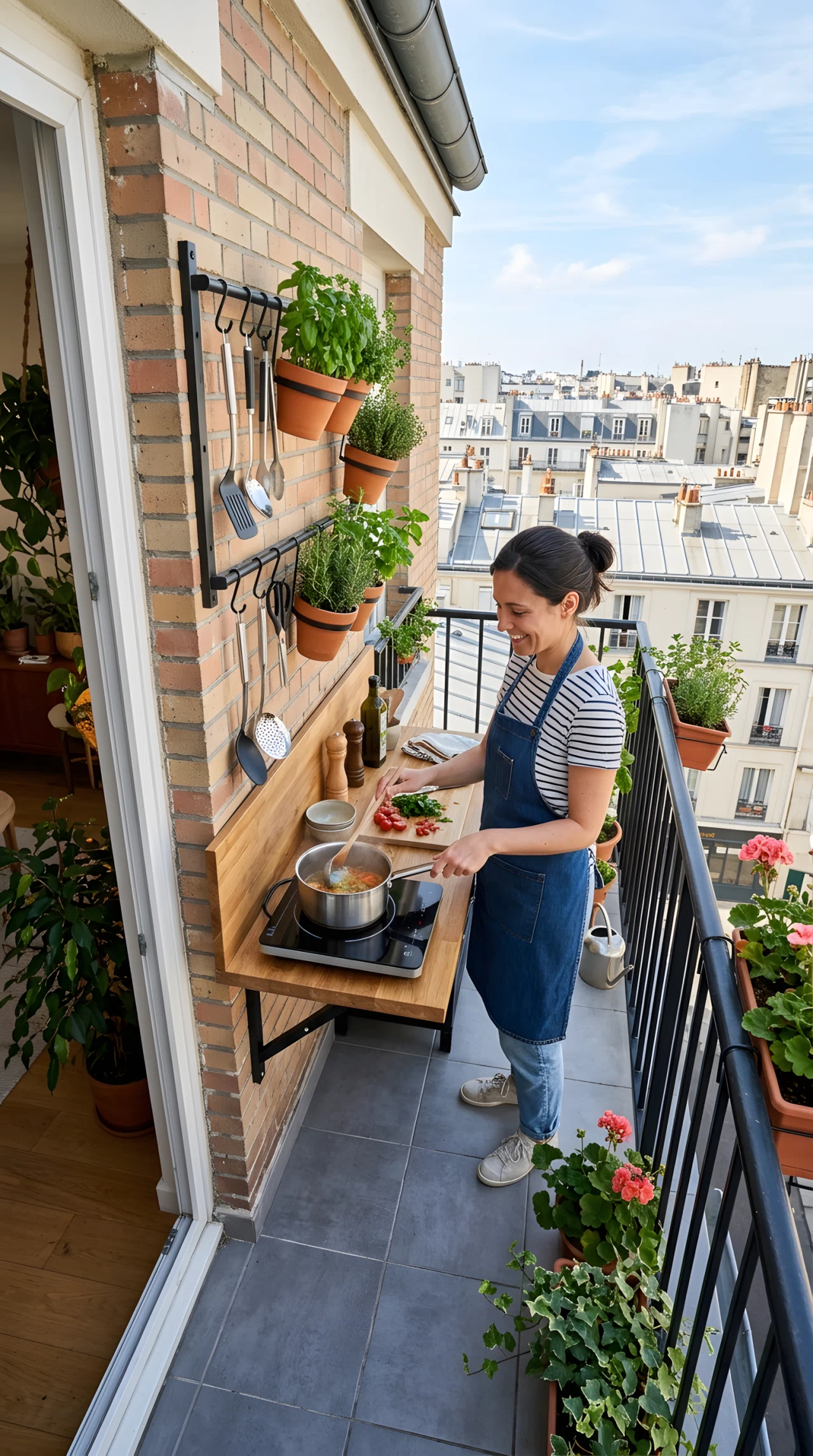 Wide-angle photograph of a narrow apartment balcony fitted with a slim wall-mounted countertop and a portable induction cooktop, a vertical wall-rail system above holding hanging utensils and small potted herbs, city rooftops visible in the background, vibrant bright daylight, realistic wide-lens photography showing the full width of the compact balcony cooking nook.