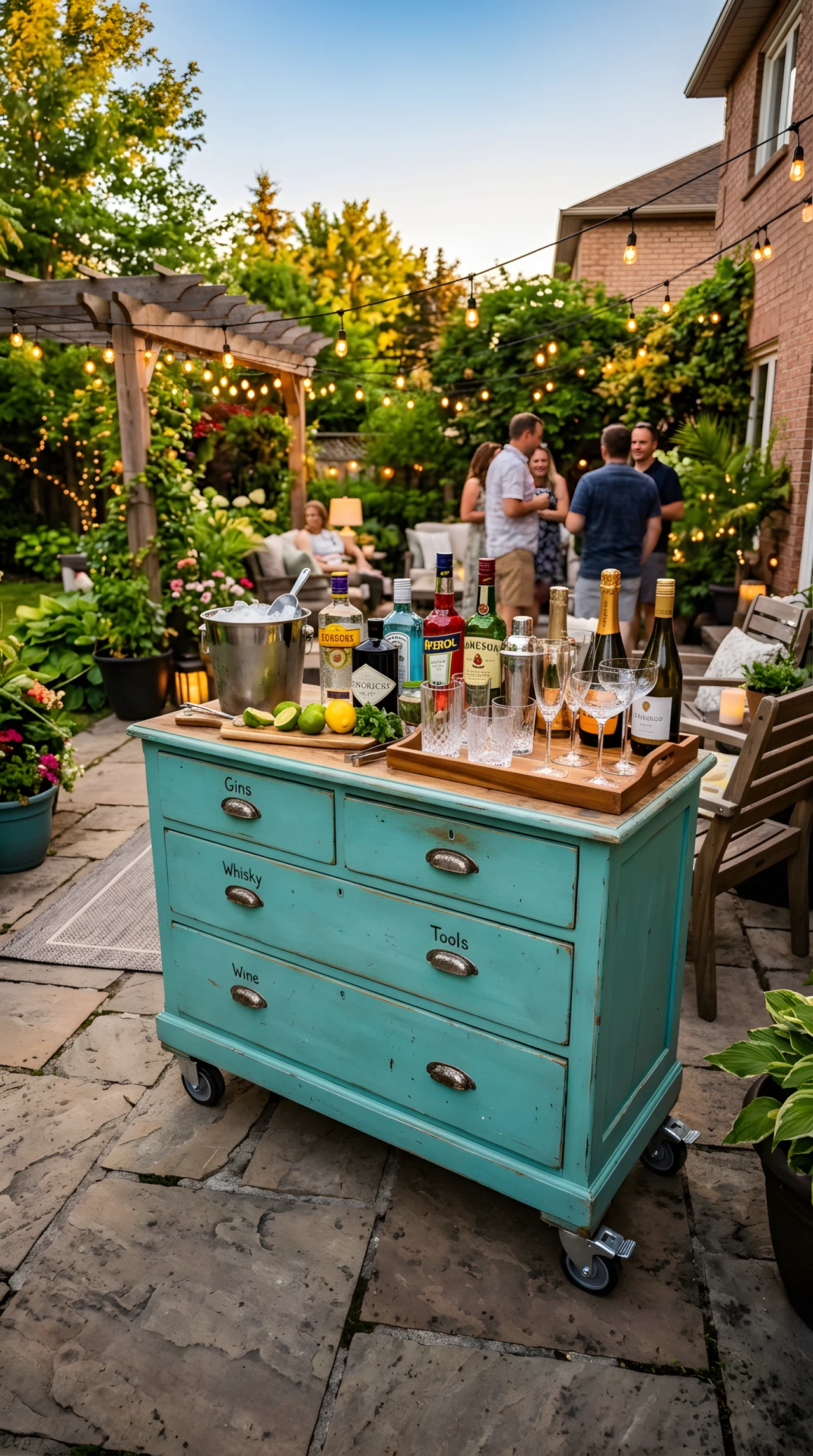 Wide-angle photograph of a repurposed vintage wooden dresser painted in weatherproof exterior paint, fitted with locking caster wheels, positioned on a backyard patio and stocked with glasses, an ice bucket, and bottles on top, string lights and greenery in the background, vibrant colors, warm evening light, realistic wide-lens photography showing the full cart and surrounding patio.