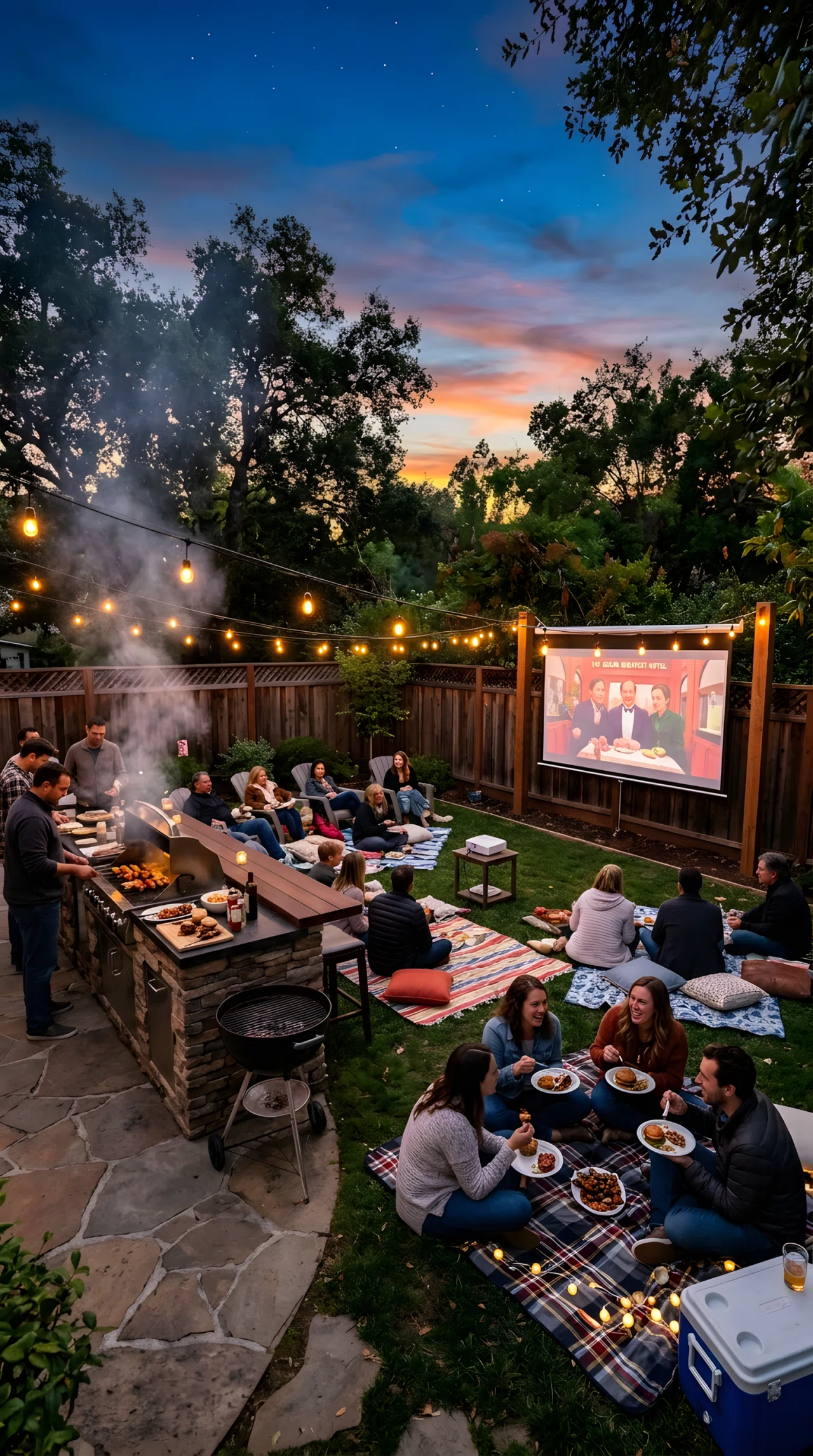 Wide-angle photograph of a backyard outdoor kitchen with a fold-down white projector screen mounted on a wooden fence post nearby, guests seated on blankets and lounge chairs eating plates of grilled food while a movie plays on the screen at dusk, string lights overhead, vibrant twilight colors, realistic wide-lens photography capturing both the outdoor kitchen and the screen setup in one frame.