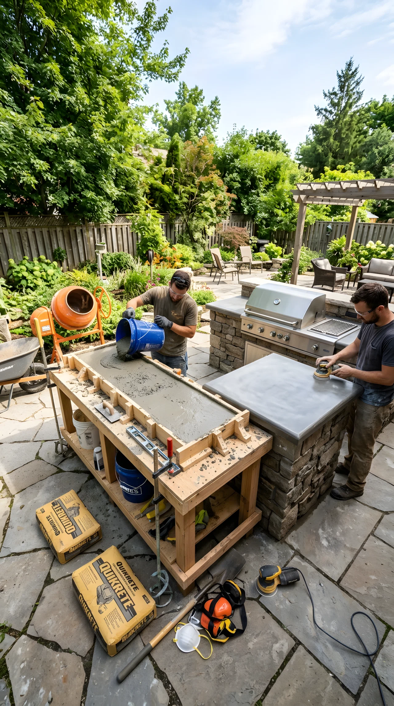 Wide-angle photograph of a DIY concrete countertop being poured into a wooden mold on a workbench beside an unfinished grill island, bags of concrete mix and sanding tools nearby, the finished cured slab shown installed on the island in the same wide frame, backyard patio setting, vibrant natural daylight, realistic wide-lens photography documenting the DIY process and the finished result.