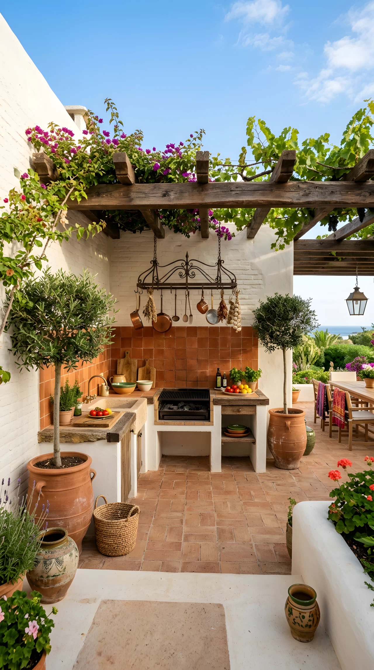 Wide-angle photograph of a Mediterranean-style outdoor kitchen with a terracotta tile backsplash (RGB 199, 106, 74) and whitewashed brick walls (RGB 240, 236, 227), a wrought iron pot rack hanging above the counter, olive trees in terracotta planters flanking the grill, sun-soaked bright daylight, vibrant warm colors, realistic wide-lens photography showing the full corner and surrounding walls.