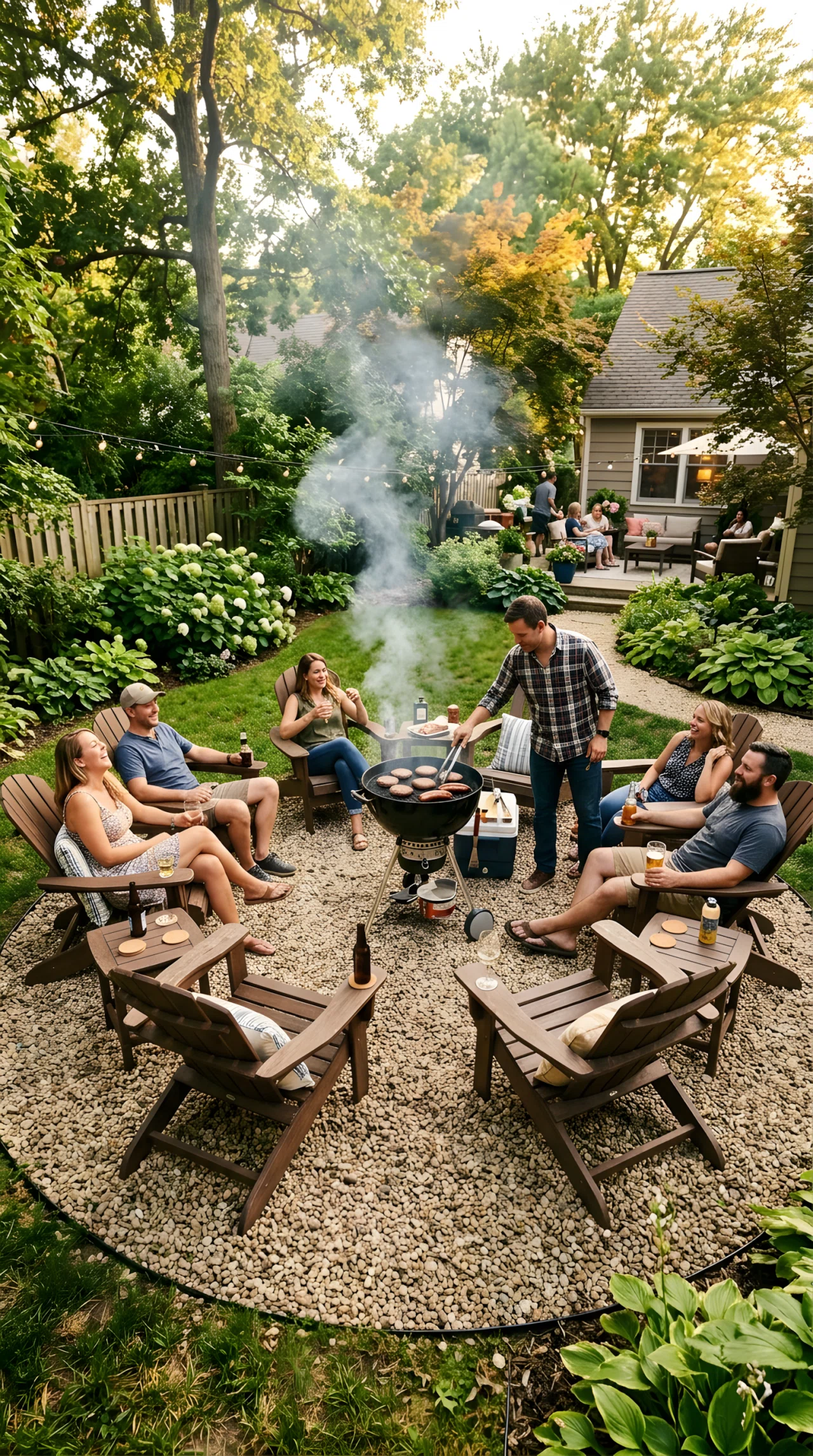 Wide-angle photograph of a casual backyard bbq zone with a bed of pea gravel underfoot, a freestanding charcoal grill in the center, a circle of wooden Adirondack chairs surrounding it, guests relaxing with drinks while smoke rises from the grill, vibrant natural colors, warm late-afternoon light, realistic wide-lens photography capturing the whole gravel zone and seating circle.