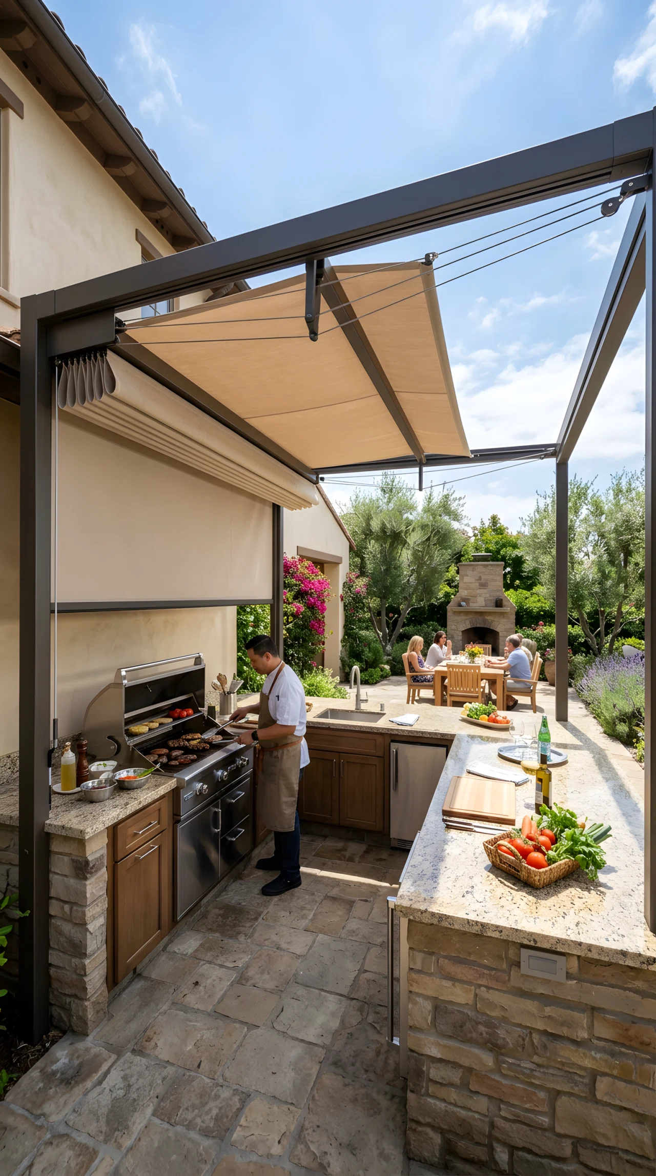 Wide-angle photograph of an outdoor kitchen island with a retractable fabric canopy mounted overhead, shown half-extended over the cooking area while open sky is visible on one side, built-in grill and counter below, vibrant natural colors, bright midday sun on the open side and soft shade on the covered side, realistic wide-lens photography capturing the canopy mechanism and the full kitchen setup.
