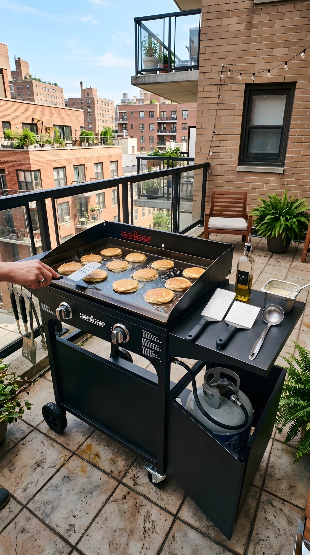 Wide-angle photograph of a portable two-burner griddle cart with a side shelf holding spatulas and an oil bottle, positioned on an apartment patio with a fold-out cover panel partially concealing a propane tank underneath, pancakes cooking on the griddle top, vibrant bright daylight, realistic wide-lens photography showing the full cart and surrounding rented patio space.