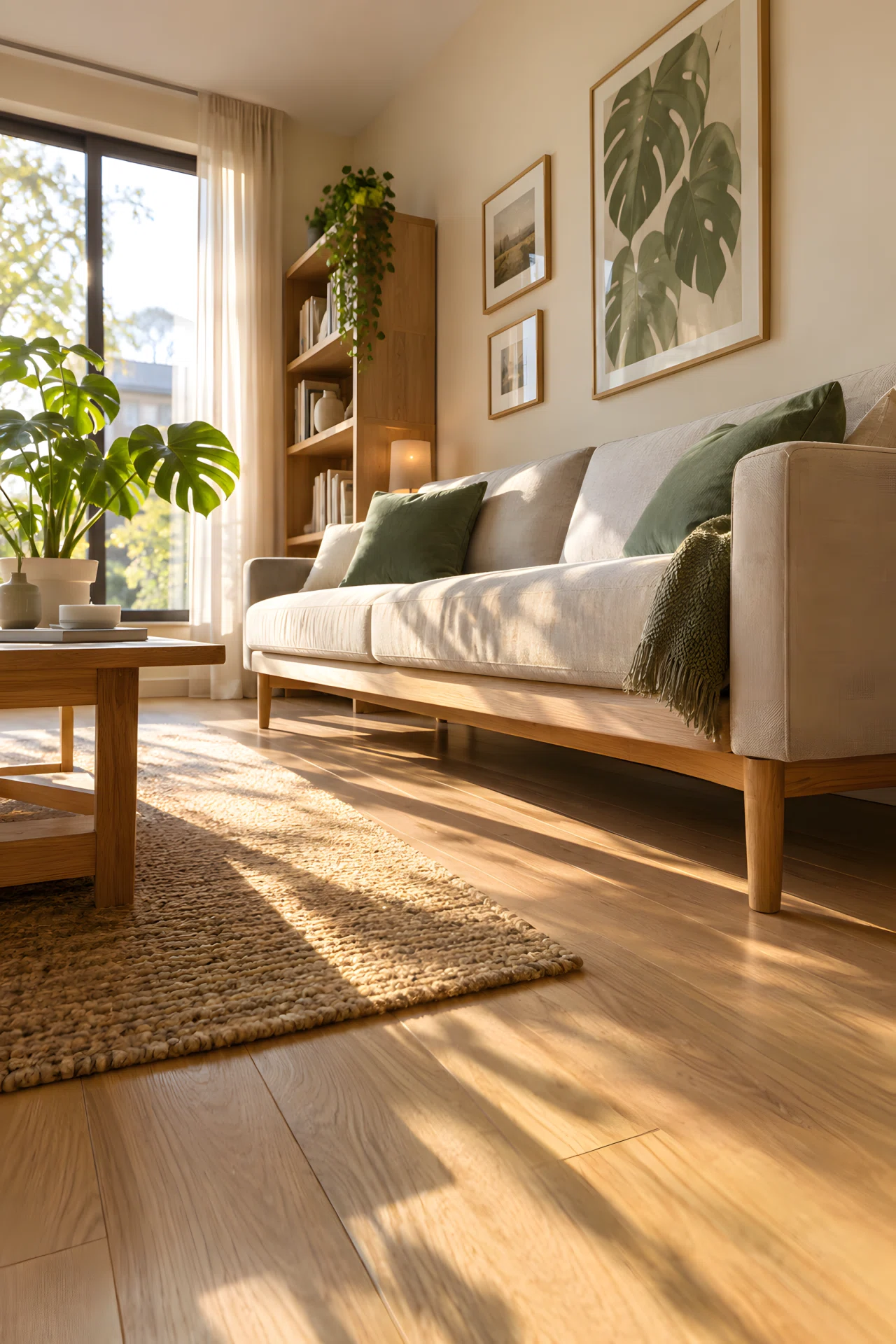 Wide-angle real-life photograph of a small, sunlit living room, taken from a low corner angle to exaggerate depth. A light oak sofa with slender exposed wooden legs sits against a cream wall, natural daylight streaming from a large window on the left, casting long soft shadows across a light wood floor. Vibrant sage green throw pillows and a small potted monstera add color pops. Shot on a 24mm lens, shallow depth of field on the far wall, warm afternoon light, photographic realism, no people, styled but lived-in feel.