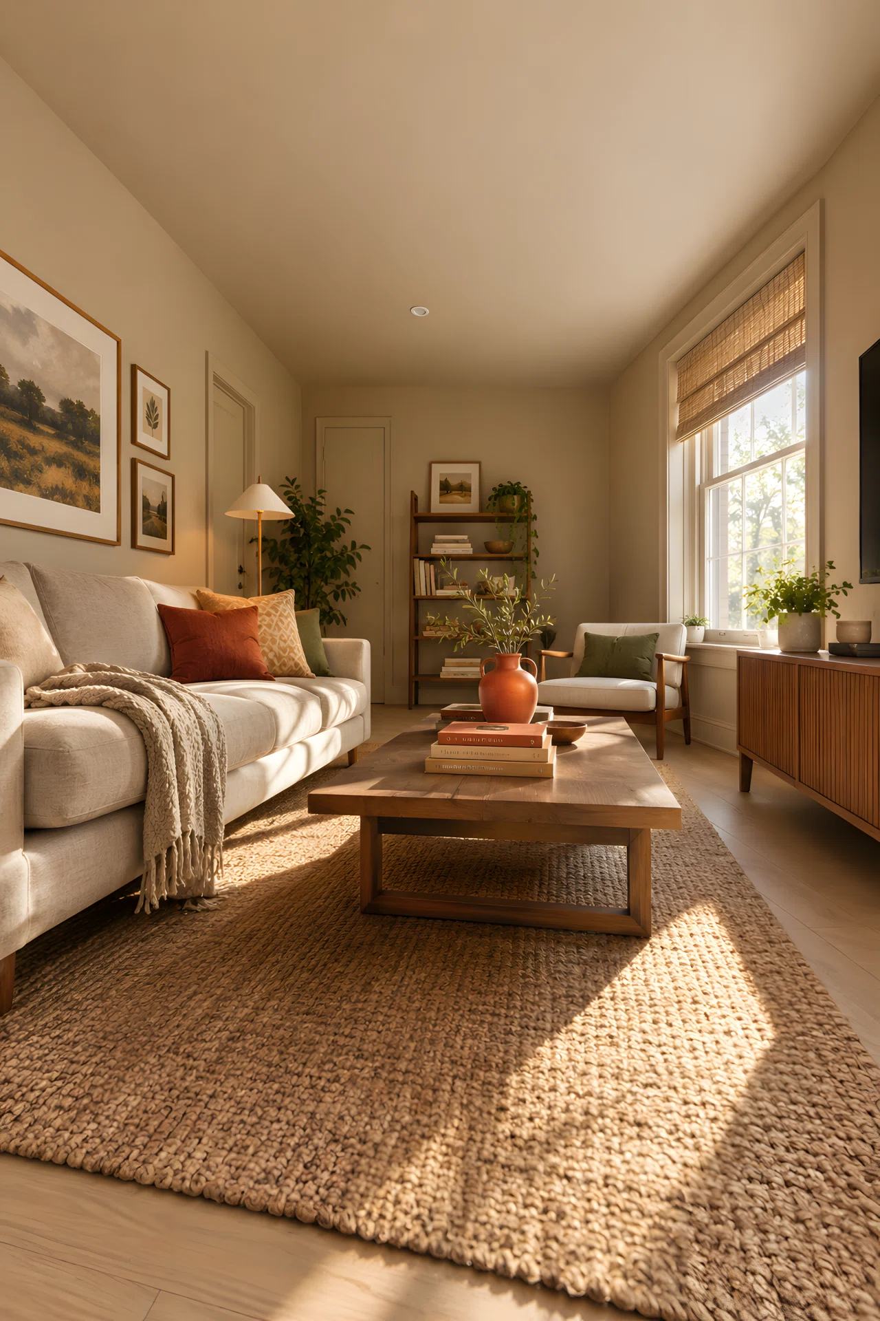 Wide-angle real-life photograph of a compact living room with all walls, trim, and ceiling painted the same warm greige tone (RGB 214, 201, 184), shot from a low, dramatic corner angle. Soft natural window light floods in from the right, casting warm highlights across a linen sofa and jute rug. A vibrant terracotta ceramic vase and a stack of warm-toned books add color contrast. Photographic realism, 24mm wide lens, no people, softly organized and lived-in.