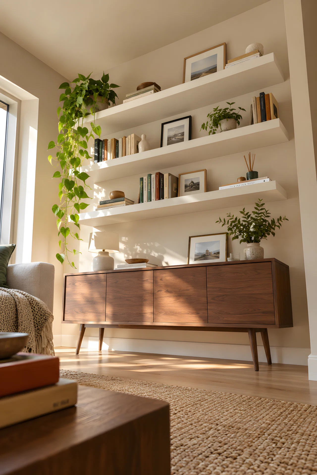 Wide-angle real-life photograph of a small living room corner, shot from a low dramatic angle looking slightly upward. Three staggered white floating shelves mounted above a walnut console table, holding neatly arranged books, a small trailing pothos plant, and framed photos. Bright natural light pours in from an unseen window to the left, illuminating the vibrant green plant leaves and warm wood tones. Photographic realism, no people, clean and organized styling, shot on 24mm lens.
