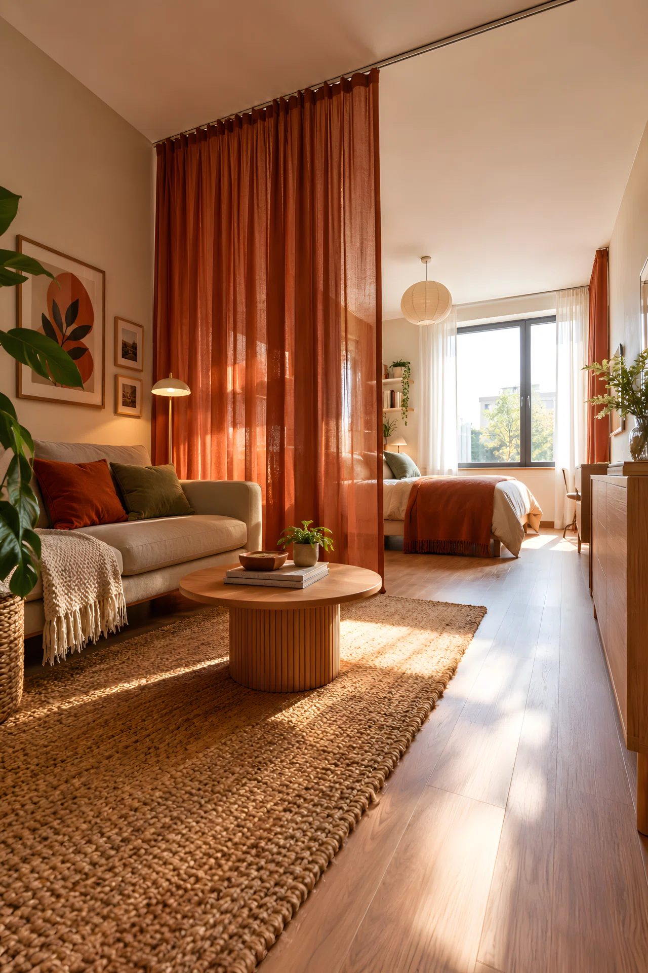 Wide-angle real-life photograph of a studio apartment, shot from a dramatic low corner angle showing the full room. A floor-to-ceiling linen curtain divider in warm rust orange hangs from a ceiling track, partially open, separating a cozy living area with a small sofa from a bed nook beyond. Bright natural window light streams through the sheer fabric, creating a soft glow. Photographic realism, vibrant color, no people, tidy and intentional styling.