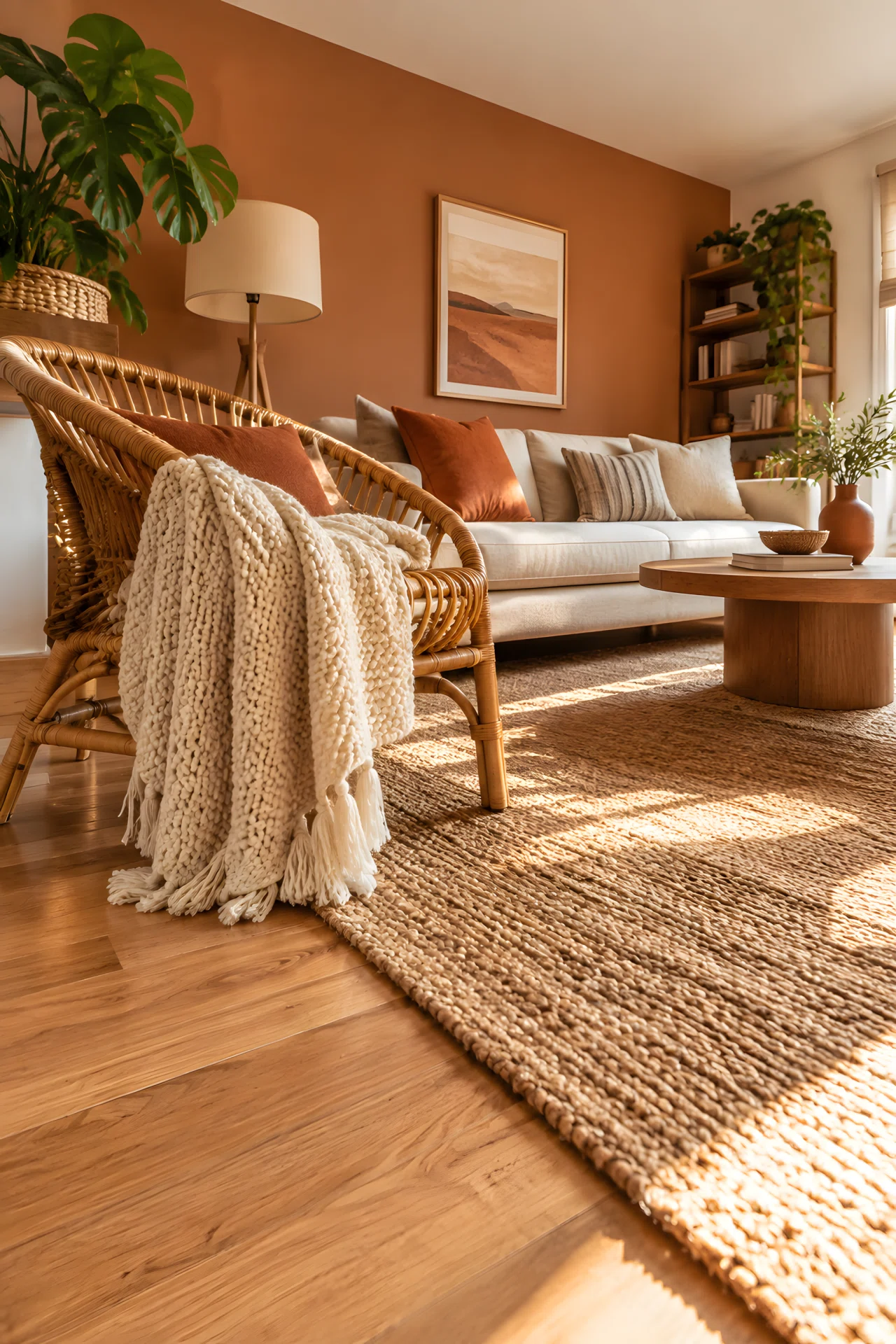 Wide-angle real-life photograph of a small earthy-modern living room shot from a low dramatic angle. A rattan accent chair with a chunky cream knit throw sits beside a jute area rug, layered textures in warm terracotta and sand tones. Natural bright light spills in from a window just out of frame, highlighting the woven textures of the rattan and warm wood floor. Vibrant, photographic realism, no people, neatly styled but organic.