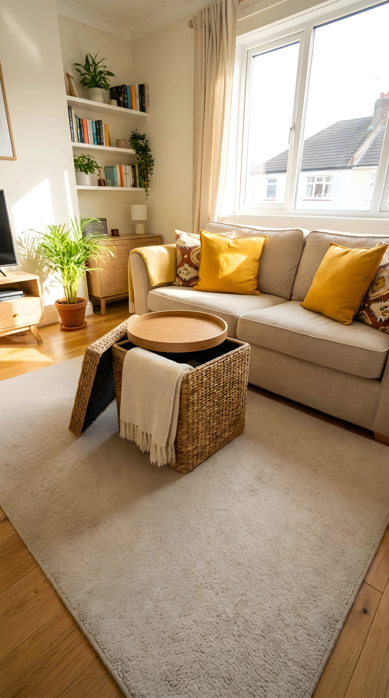 Wide-angle real-life photograph of a small living room shot from a low dramatic corner angle. A woven storage ottoman with a round wooden tray top sits centered on a light rug, lid slightly ajar showing a folded throw blanket inside. Bright natural daylight enters from a window on the right, casting warm highlights across a linen sofa nearby. Vibrant mustard yellow cushions add color contrast. Photographic realism, no people, tidy and organized styling, 24mm wide lens.