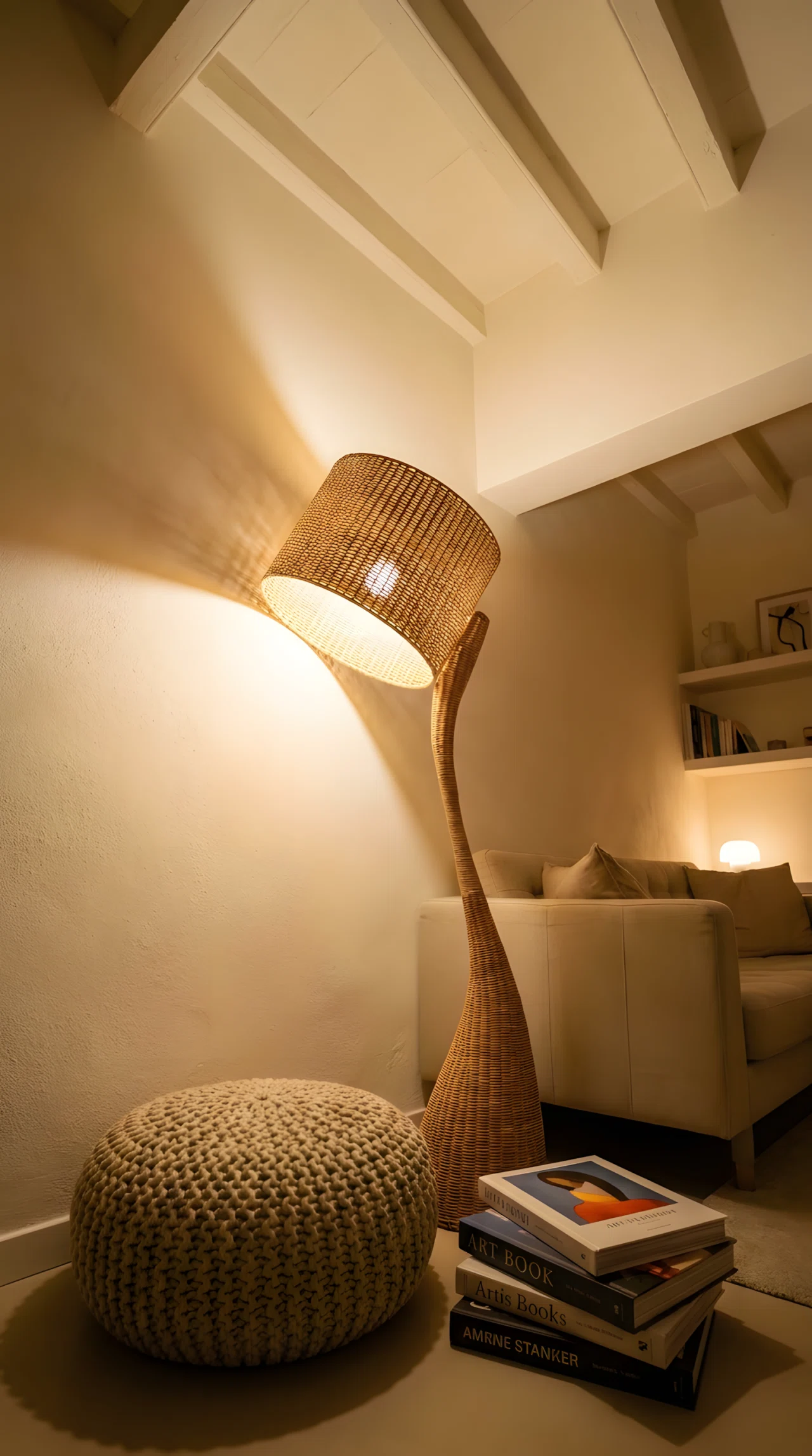 Wide-angle real-life photograph of a small living room shot from a low dramatic angle, focused on a tall floor lamp placed in an empty corner, angled to wash warm light up the wall and across the ceiling. The light gradient fades softly across a cream wall, illuminating a woven pouf and a stack of books below. Rest of the room stays in soft ambient light, vibrant warm tones, photographic realism, no people, clean and intentional styling, 24mm lens.