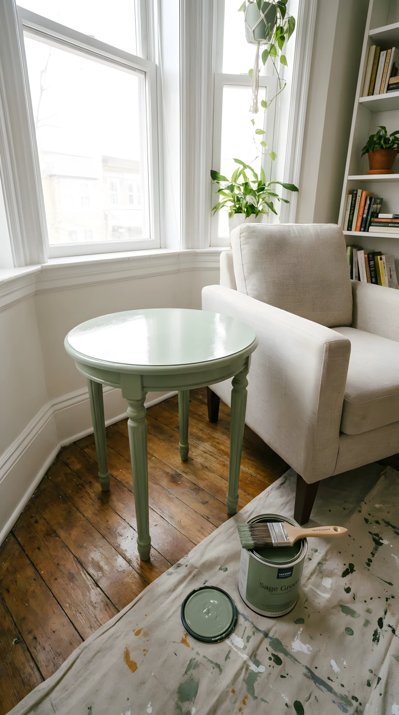 Wide-angle real-life photograph of a small living room shot from a low corner angle. A small round wooden side table freshly painted in soft sage green sits beside a linen armchair, a paintbrush and open paint can resting nearby on a drop cloth. Bright natural window light pours across the scene, highlighting the fresh paint sheen. Vibrant, photographic realism, no people, tidy DIY-in-progress styling, 24mm lens.
