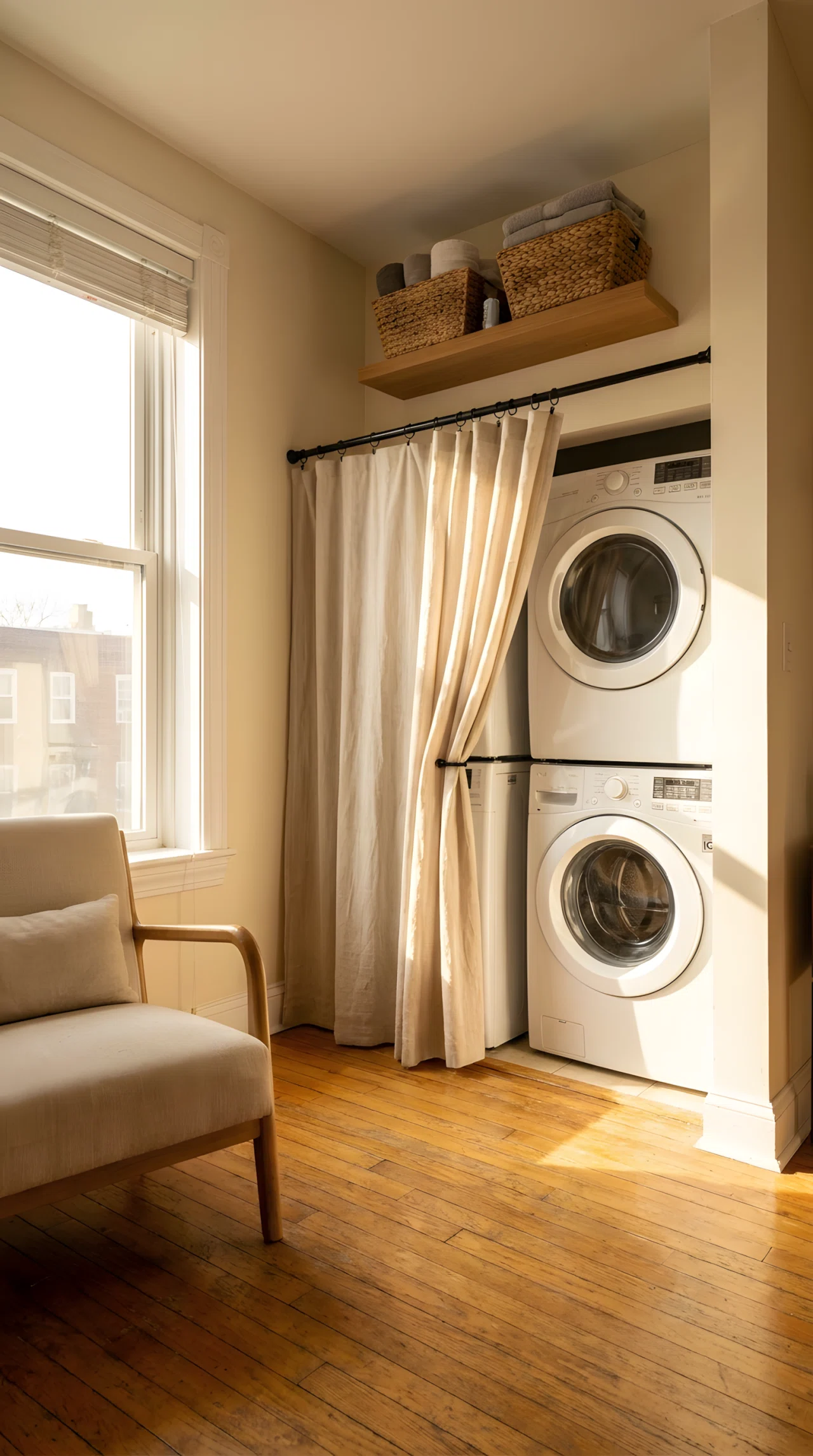 Wide-angle real-life photograph of a small apartment living room corner shot from a low dramatic angle. A stacked washer and dryer nook concealed behind a linen curtain on a black tension rod, partially open, with a small floating shelf above holding neatly folded baskets. Bright natural light spills in from a nearby window, casting soft warm tones across the space. Vibrant, photographic realism, no people, clean and organized styling, 24mm lens.