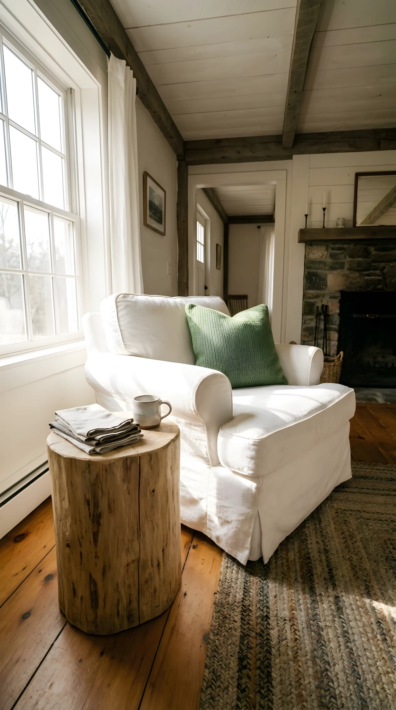 Wide-angle real-life photograph of a small farmhouse-style living room shot from a low dramatic corner angle. A white linen slipcovered armchair sits beside a reclaimed raw wood stool used as a side table, holding a stack of linen napkins and a small ceramic mug. Bright natural daylight streams in from a window to the left, warming the wood grain and soft white fabric. Vibrant sage accent pillow, photographic realism, no people, cozy and intentional styling, 24mm lens.