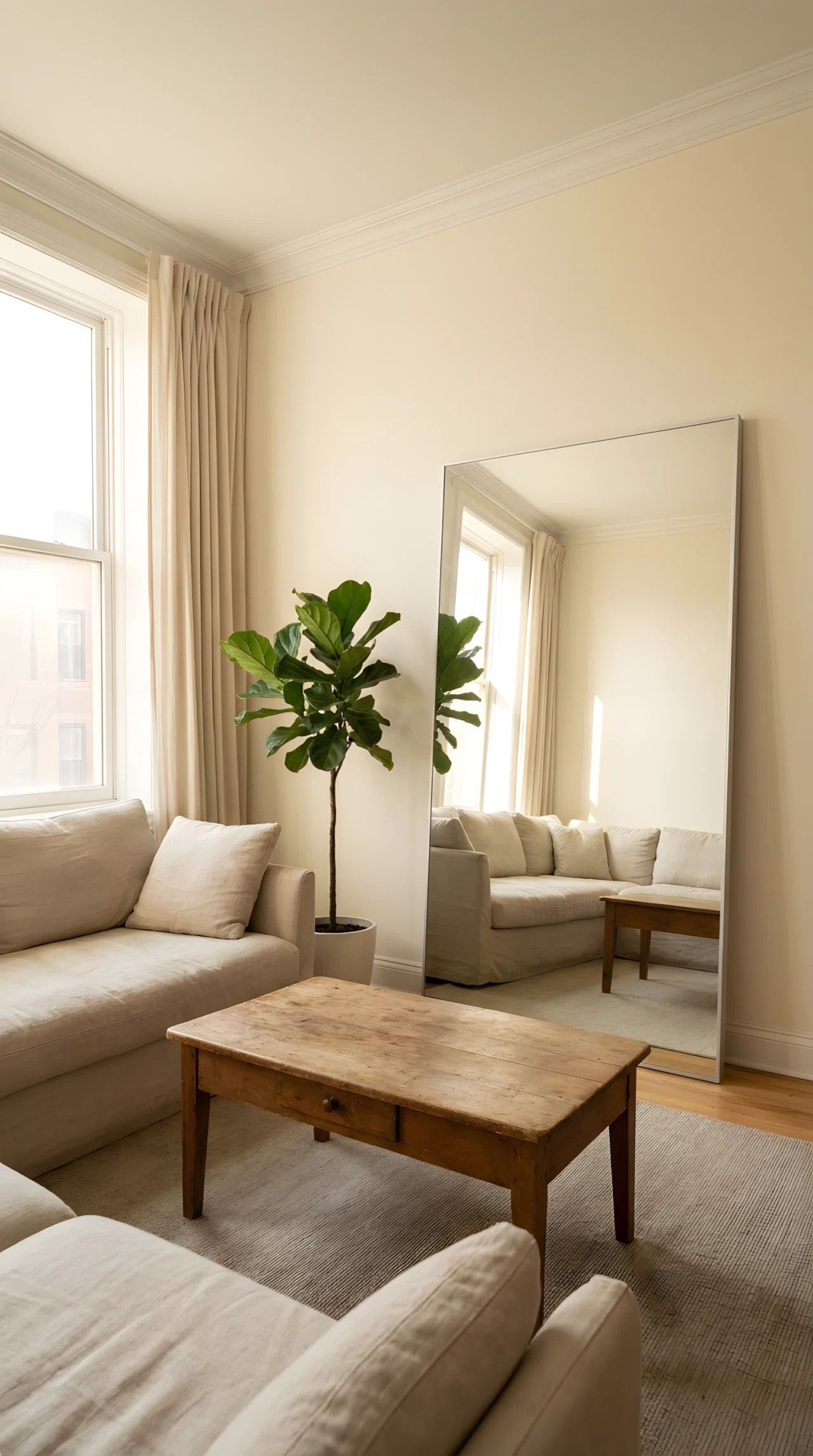 Wide-angle real-life photograph of a small living room shot from a low dramatic angle. A large frameless mirror leans against a cream wall directly across from a sunlit window, reflecting soft daylight across the room and doubling the visual depth of a linen sofa and wood floor. Vibrant green potted fig leaf reflected in the glass. Photographic realism, no people, clean and intentional styling, 24mm wide lens.