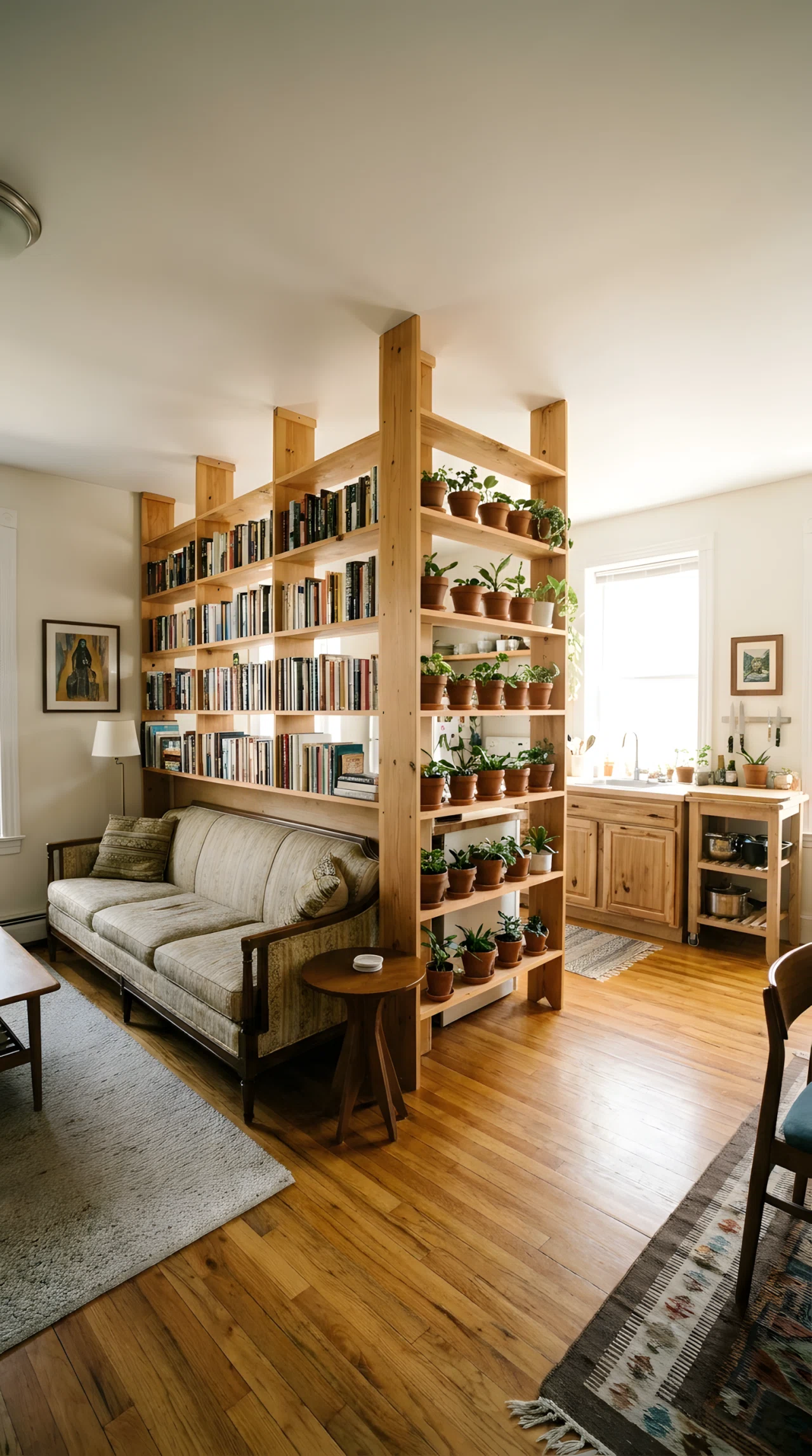 Wide-angle real-life photograph of an open-plan small living room shot from a low dramatic angle. A freestanding open wood shelving unit stands perpendicular to a sofa, dividing the living area from a kitchen beyond, holding books on one side and small potted plants on the other. Bright natural light streams through from a window past the kitchen, softly diffusing across both zones. Vibrant, photographic realism, no people, clean and organized styling, 24mm lens.