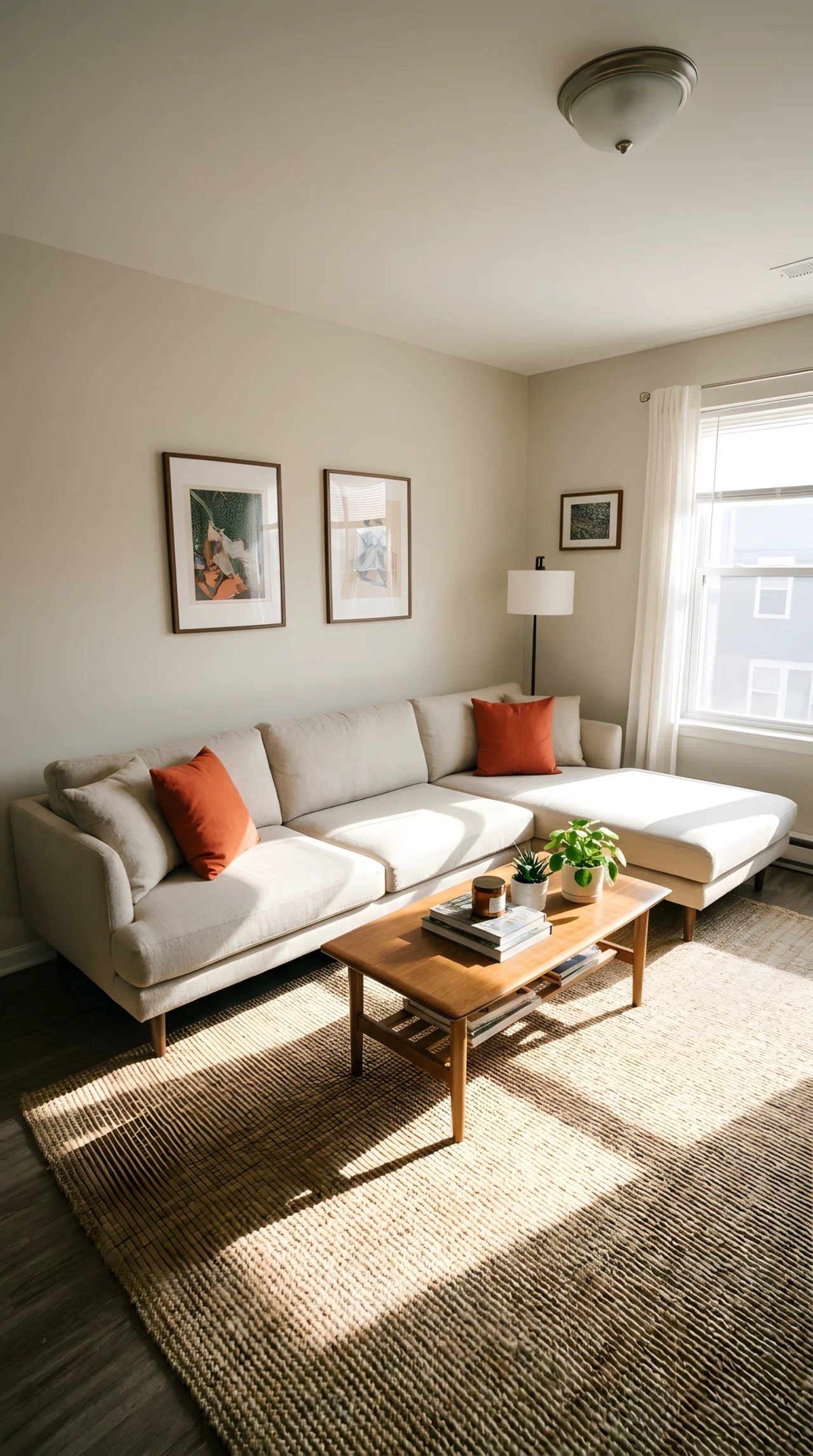 Wide-angle real-life photograph of a small living room shot from a low dramatic corner angle. A low-profile L-shaped sectional in warm oatmeal fabric fits snugly into a corner, hugging two walls, with a compact chaise end. Bright natural light spills from a window on the right, casting soft shadows across a woven rug. Vibrant terracotta throw pillows add color contrast. Photographic realism, no people, tidy and organized styling, 24mm lens.
