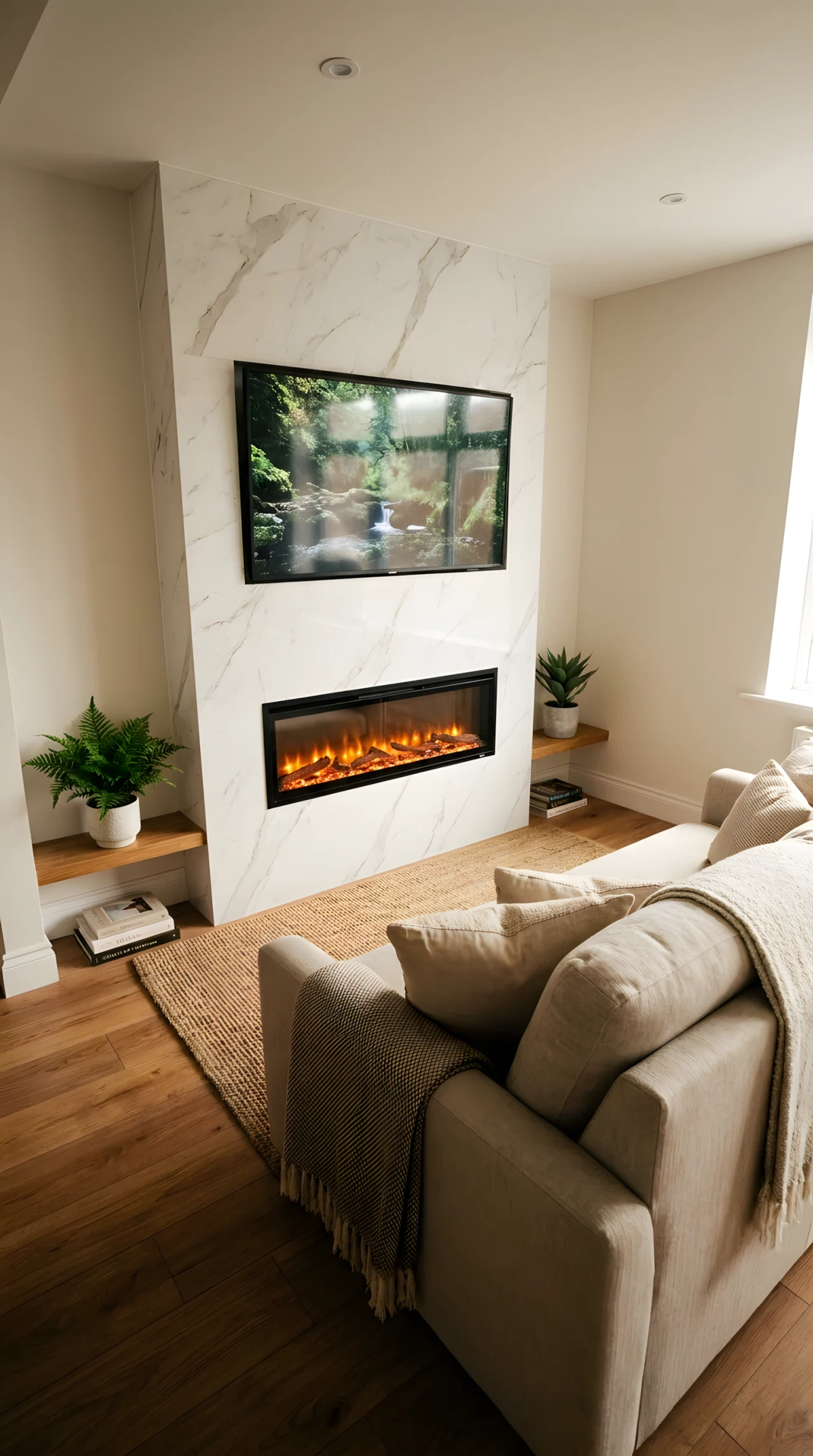 Wide-angle real-life photograph of a small living room shot from a low dramatic angle. A slim electric fireplace insert glows warmly beneath a wall-mounted TV on a marble-effect media wall, flanked by two small potted plants. Soft warm firelight mixes with natural daylight from a window just out of frame, creating a cozy warm glow across a linen sofa. Vibrant, photographic realism, no people, tidy and intentional styling, 24mm lens.