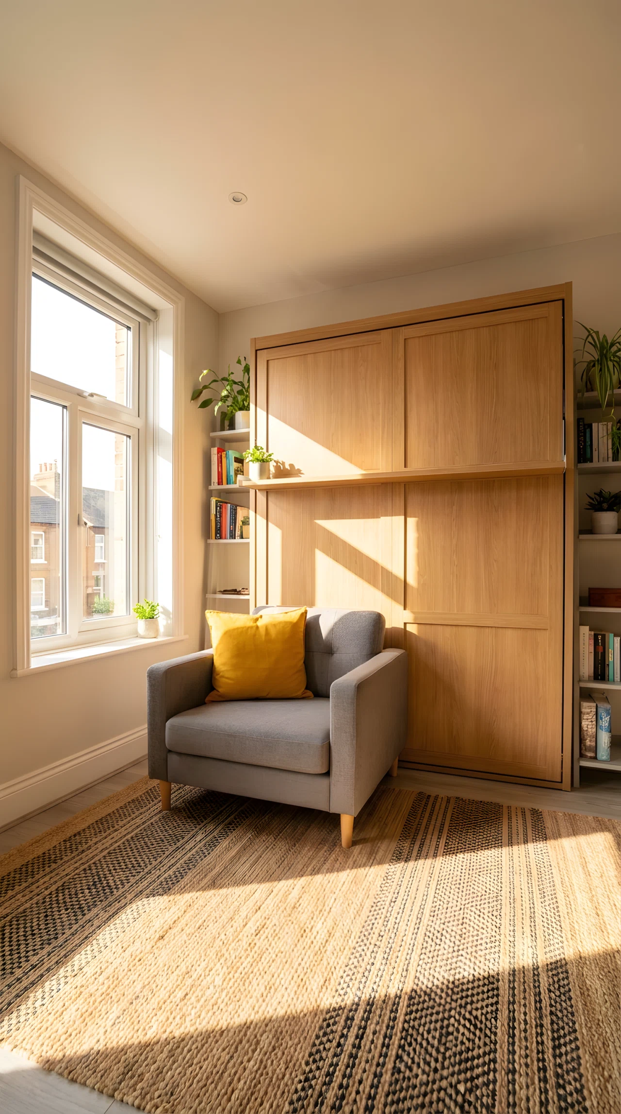 Wide-angle real-life photograph of a small studio apartment shot from a low dramatic angle, showing a Murphy bed folded flat against a paneled wall, now open as a living room with a compact armchair and rug in front. Bright natural daylight streams through a window, casting warm light across the folded bed panel and cozy seating area. Vibrant mustard accent pillow, photographic realism, no people, tidy and intentional styling, 24mm lens.