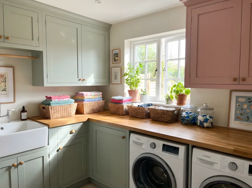 Real-life photo of a cheerful laundry room with colorful non-white cabinets in soft sage green and dusty rose tones, folded laundry neatly arranged in woven baskets, large window with bright natural light flooding the space, clean organized countertop, fresh vibrant color palette, stock photography style