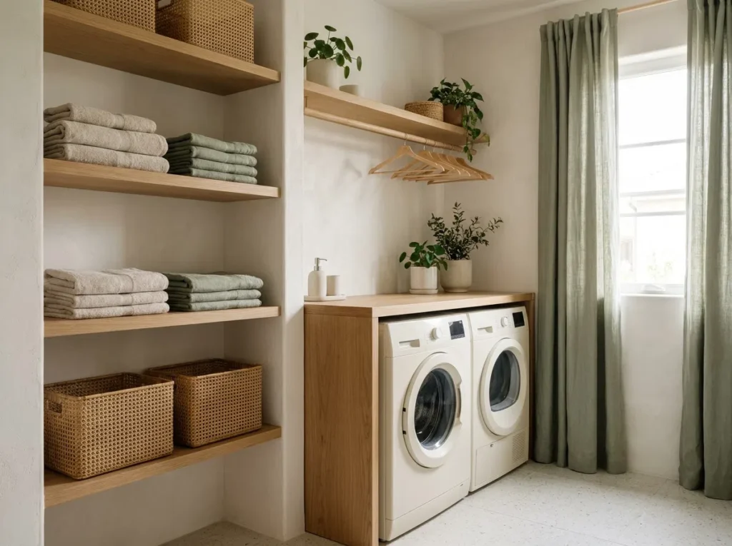 A real-life Japandi interior style laundry room, minimalist and uncluttered, light oak wood shelving, warm neutral palette of oatmeal and warm white with soft sage accents, woven rattan baskets, folded linen towels, low-profile clean lines, no ornate details, neatly organized and beautifully arranged, bright natural light streaming through a window, calm airy atmosphere, realistic stock photography, eye-level angle, no people.
