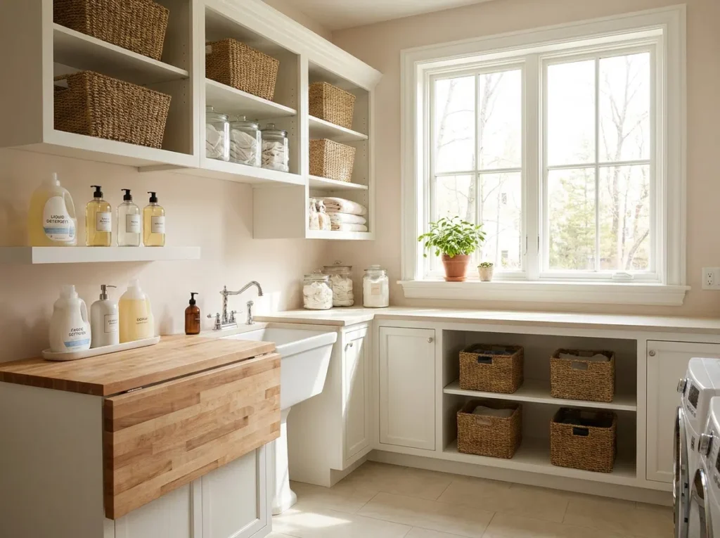 A realistic photograph of a bright and airy laundry room featuring neatly made cabinet storage with woven baskets, a folding counter, and organized detergent bottles, beautifully arranged