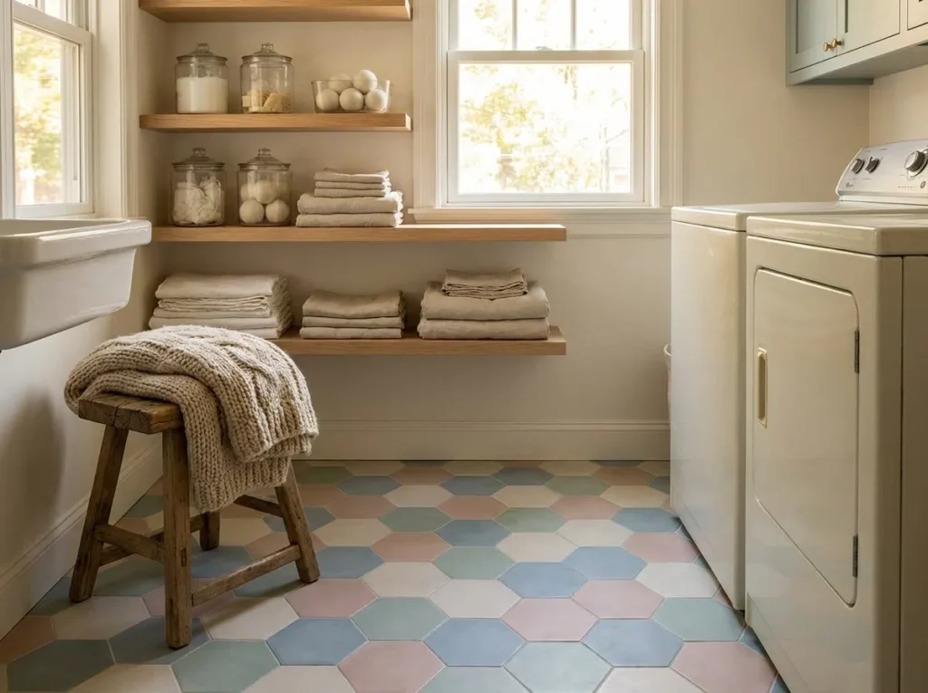 A cozy laundry room with soft hexagon patterned floor tiles in muted pastel tones, open wooden shelving with neatly arranged glass jars and folded linens, a small stool with a folded blanket on top, warm bright natural light coming through a nearby window, real-life photography style, neatly made, clean and organized