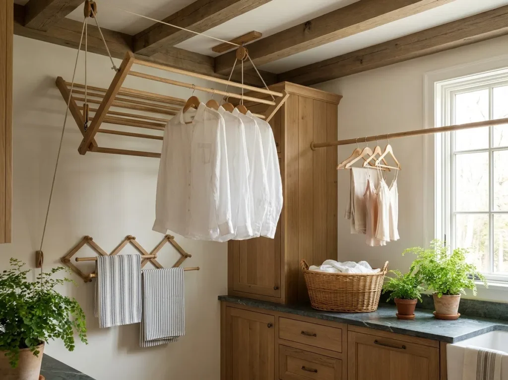 A vibrant, beautifully arranged laundry room featuring multiple elegant hanging solutions. A wooden ceiling-mounted drying rack is partially lowered with neatly hung linen shirts. A wall-mounted folding rack has a small stack of organized folded towels. Clean wooden cabinets are below, with a single floating rod holding a few delicate items on matching wood hangers. A basket of freshly cleaned items sits on a neat counter. Bright natural light streams from a window. The space is organized, clean, and styled with potted plants.