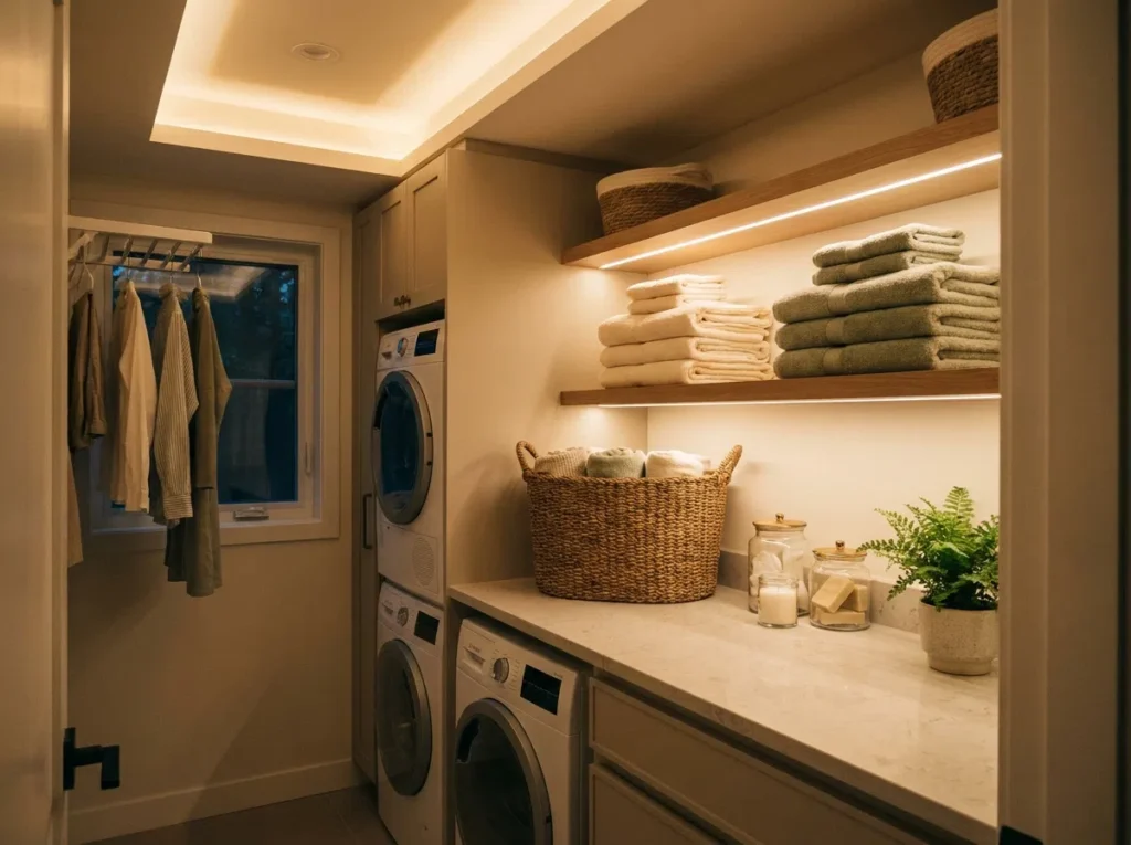 Real-life photography of a small laundry room, neatly made and beautifully arranged, layered lighting from a ceiling cove and under shelf strips, folded towels glowing softly on an open shelf, organized clean countertop with a woven basket, soft even light with gentle shadows, realistic candid home photography
