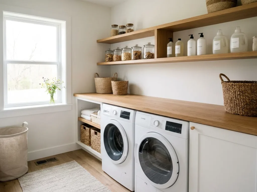 A bright, airy stock photo of a modern laundry room and pantry combo. A white front-load washer and dryer sit under a seamless wooden countertop. Above the counter, open oak shelves hold neatly arranged glass jars filled with snacks and minimalist labeled bottles of laundry detergent. Natural morning light streams through a nearby window, illuminating a small vase of flowers. Real-life, organized, cozy Pinterest-ready interior photography.