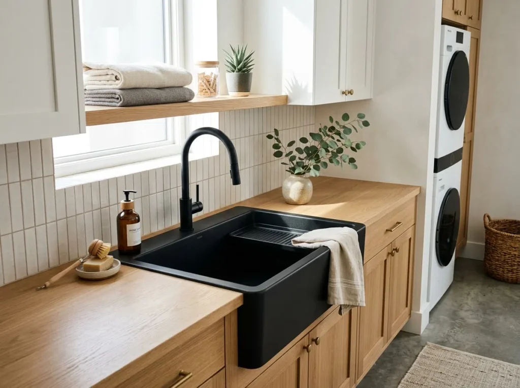 Realistic photograph of a striking laundry room sink area with a dark stainless or matte black basin against contrasting light cabinetry, neatly made countertop with beautifully arranged minimalist accessories, organized and clean lines, bright natural light creating strong contrast and shadow definition, editorial magazine-style composition, no people.