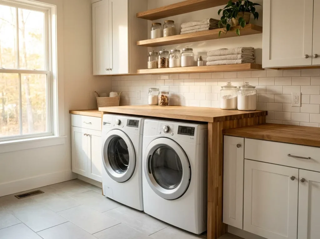 A high-quality, Pinterest-ready stock photograph of a modern, spacious laundry room that is perfectly clean and organized. The room features a front-load washer and dryer set side-by-side beneath a smooth wooden butcher block countertop. Above the counter, elegant floating shelves are neatly made and feature beautifully arranged glass organizer jars, folded linen towels, and a small potted plant. A large window on the side lets in abundance of bright natural light, strategically casting a warm and airy glow across the entire functional workspace without creating harsh shadows.