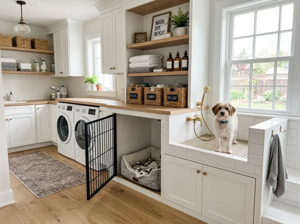 A bright, clean modern laundry room featuring a raised dog wash station beside a built-in kennel underneath the counter, a small dog standing calmly in the tub while the kennel with a neatly arranged dog bed sits just below, folded towels on open shelving, beautifully arranged decor, organized storage baskets, bright natural light streaming through a window, realistic stock photography style, real-life candid feel, eye-level camera angle.