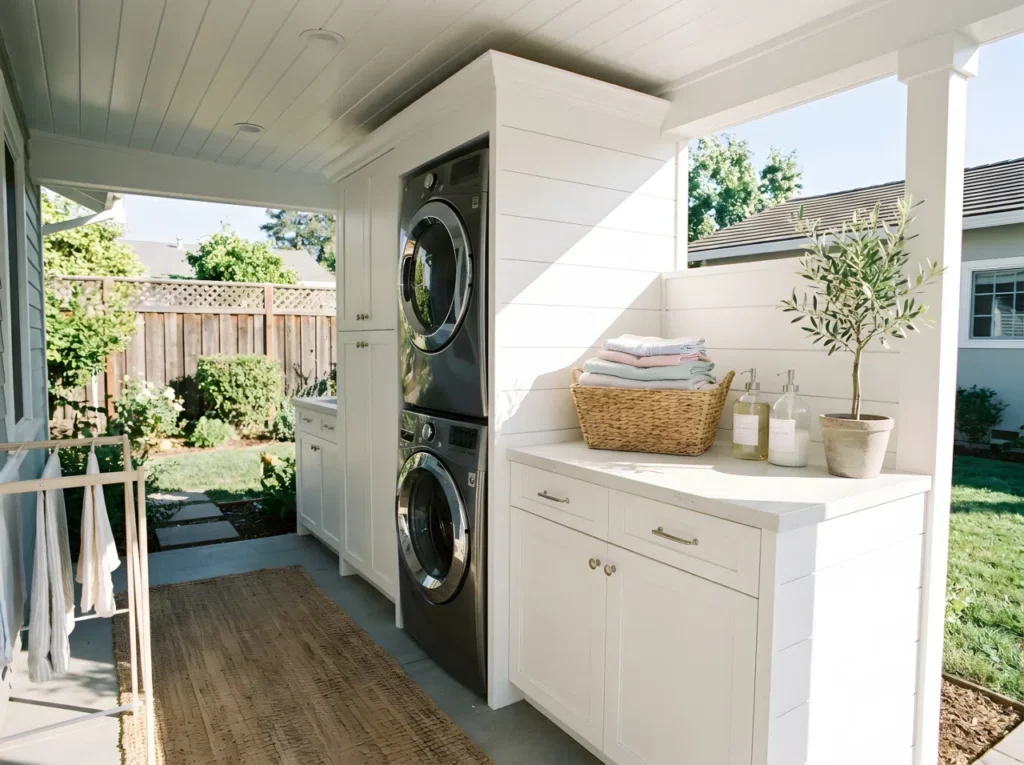 A realistic stock photograph of a beautifully organized outdoor laundry room on a sunny covered patio. A stackable washer and dryer are seamlessly built into clean white shiplap cabinetry. On the smooth quartz countertop sits a basket of neatly folded pastel linens, clear glass detergent dispensers, and a small potted olive tree. The setting is impeccably clean, bright, and Pinterest-ready. Shot on 35mm lens, real-life home environment.