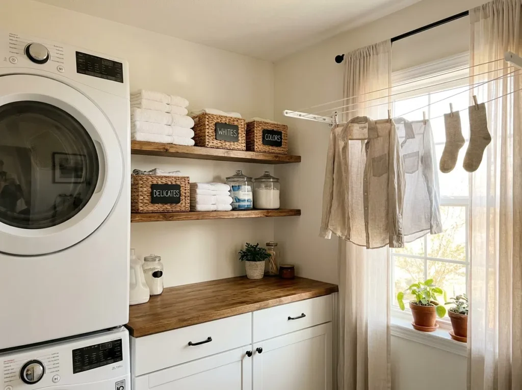 A beautifully organized small laundry room with a stacked washer and dryer, floating shelves with neatly folded towels and labeled baskets, a retractable clothesline with a few garments hanging, soft bright natural light streaming through a window, clean and beautifully arranged, real-life home setting, realistic photography