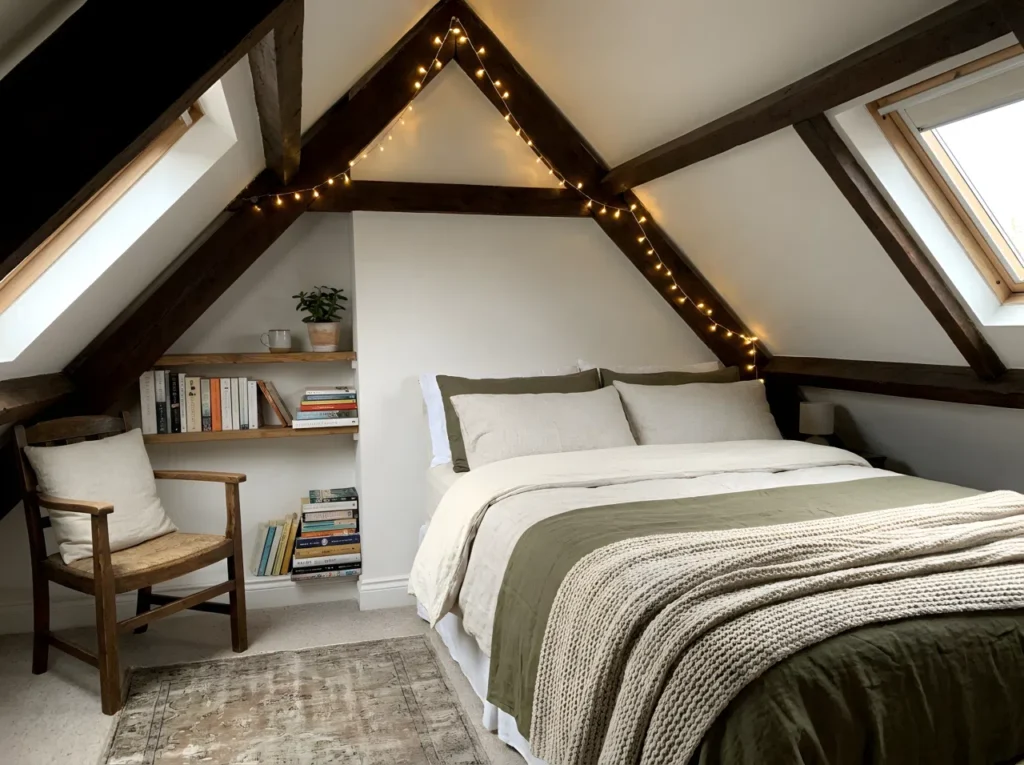 An attic bedroom with exposed wooden beams, neatly made bed with layered linen bedding, soft throw blanket, warm string lights glowing along the ridge beam, small reading nook with a wooden shelf beautifully arranged with books, organized and clean, vertical 2:3 composition, real-life photography, Pinterest-ready, no people, no text overlay