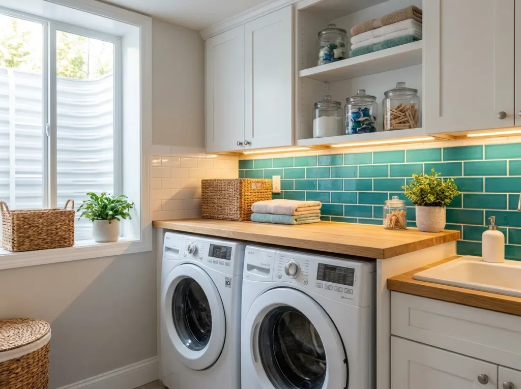 Real-life stock photography of a beautifully transformed small basement laundry room design, serving as the ultimate inspiration for a bright home utility space. The layout features modern front-loading washer and dryer units sitting under a smooth wood countertop. Upper custom white cabinets feature continuous warm LED strip lights mounted directly underneath them, highlighting a strategic lighting position that casts a bright, focused glow downward, completely eliminating dark basement shadows on the workspace below. On the counter, elegant laundry essentials are beautifully arranged and organized in clear glass jars. The background boasts a vibrant teal ceramic tile backsplash that adds a stunning pop of color. The entire scene looks impeccably clean, neatly made, refreshing, and filled with bright natural light streaming from a high basement window.