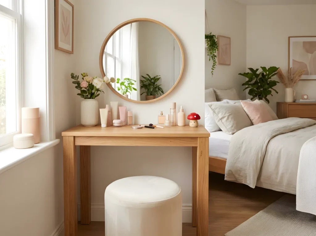 Real-life photo of a beautifully styled bedroom vanity corner as the main focal point of the room, wood table with round mirror, neatly made surface, beautifully arranged makeup, skincare, and perfume items, soft cream and pastel tones (RGB 245, 235, 220), velvet stool tucked underneath, small red mushroom toy figurine placed on the tabletop, bright natural light streaming through a nearby window, clean, organized, and vibrant, stock photography style, wide shot showing the full cozy bedroom setting around the vanity.