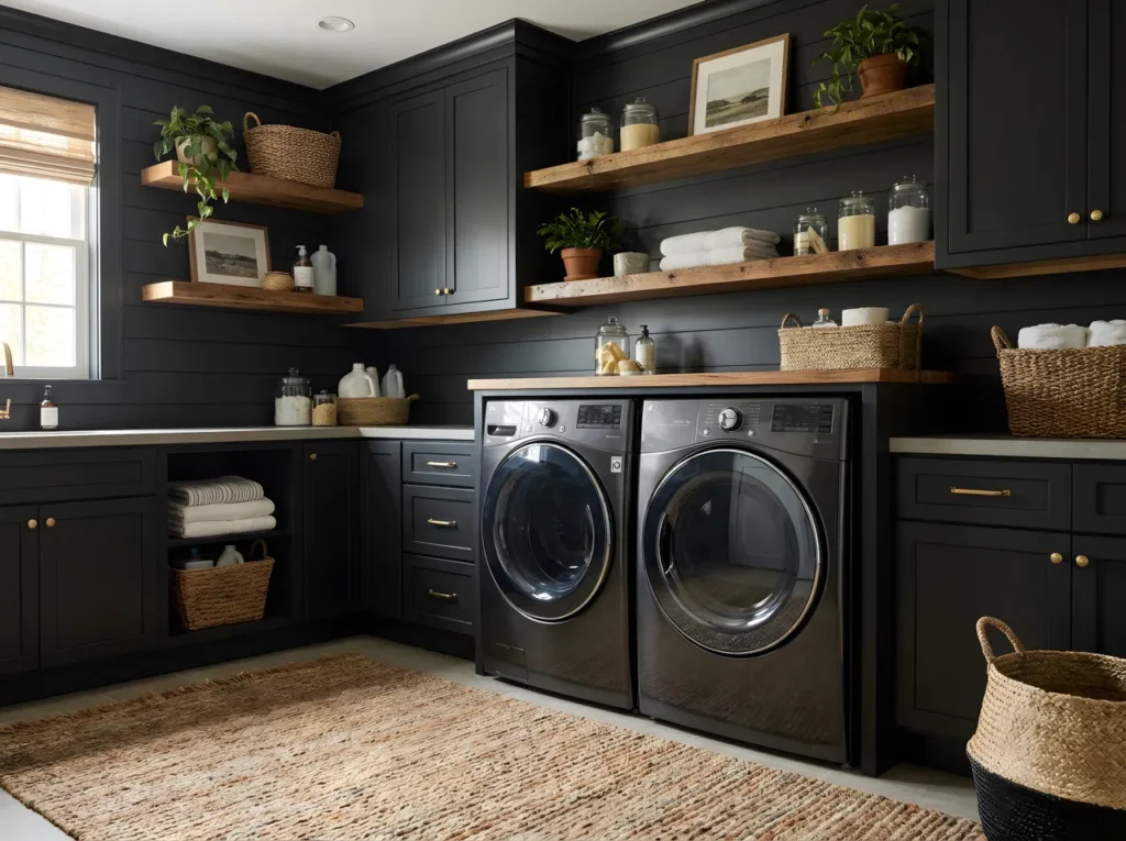 Real-life stock photo style, black laundry room with warm wood shelving and unlacquered brass hardware, soft afternoon light, woven baskets and a textured rug, neatly made, beautifully arranged, organized, clean, bright natural light, vibrant colors, 2:3 vertical composition, no people, no text overlay
