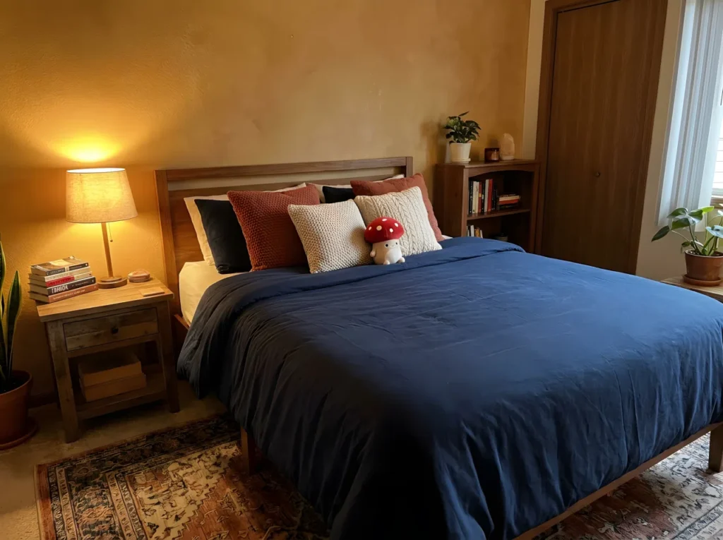 A warm and cozy bedroom with a neatly made bed layered in navy blue bedding (RGB 25, 42, 76) topped with terracotta and cream throw pillows beautifully arranged, small red mushroom toy tucked among the pillows, warm wood furniture, soft ambient lamp light positioned to wash gently across the wall, organized and inviting atmosphere, real-life photography, no render or sketch, vertical 2:3 composition, Pinterest-ready, vibrant warm tones