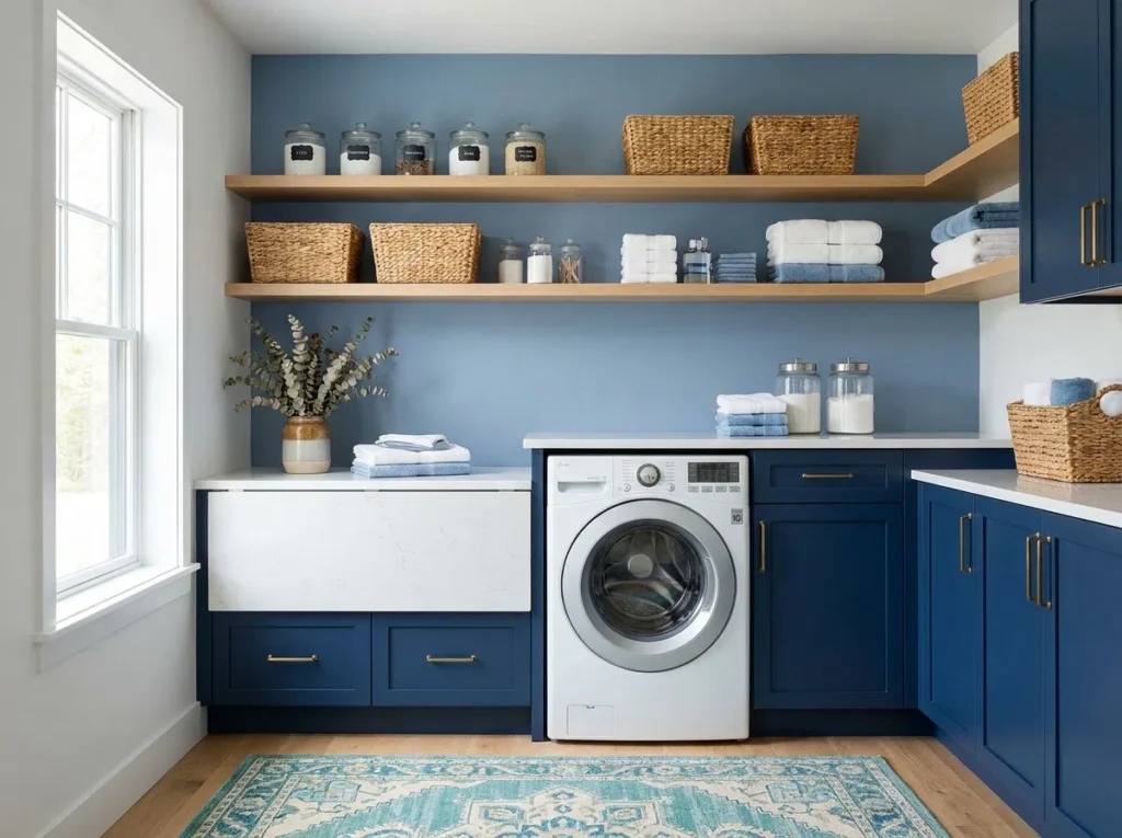 Real-life stock photography of a beautifully arranged laundry room designed with vibrant blue color schemes. The back wall has a refreshing soft slate blue accent with open wooden shelves. Neatly organized wicker baskets and glass jars with labels are placed on the shelves. Below is a modern white washing machine with a polished silver rim, built into clean, deep navy blue cabinets with elegant gold hardware. A thick white quartz folding countertop is visible, with a few neatly folded white towels and a pot of dried eucalyptus. A patterned rug with teal, cream, and sky blue hues sits on the light wood floor. Bright natural light streams from a large side window, illuminating the space, which is incredibly organized, clean, and Pinterest-ready, feeling both functional and aesthetically pleasing. The composition is balanced and inviting