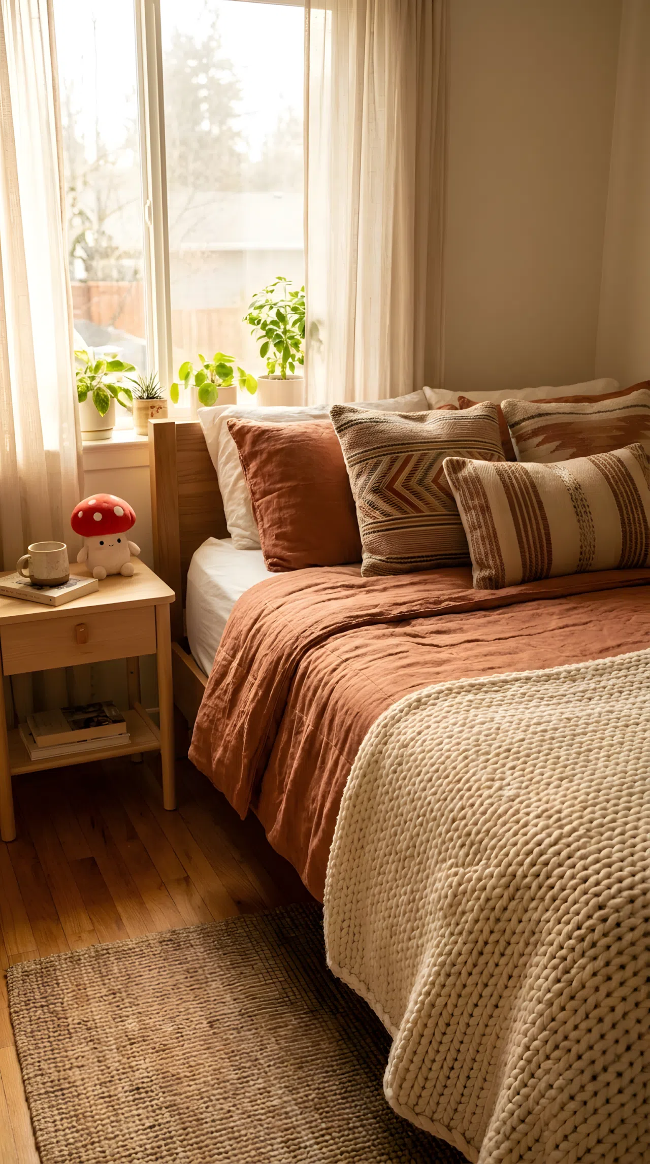 Real-life photograph, stock photo style, cozy bedroom with neatly made bed layered in chunky knit throw, woven cushion, and terracotta linen quilt, beautifully arranged textures, small cute red mushroom-shaped toy on wooden nightstand, clean and organized room, bright natural light streaming through window, vibrant warm tones, Pinterest-ready, not a render, not an illustration.