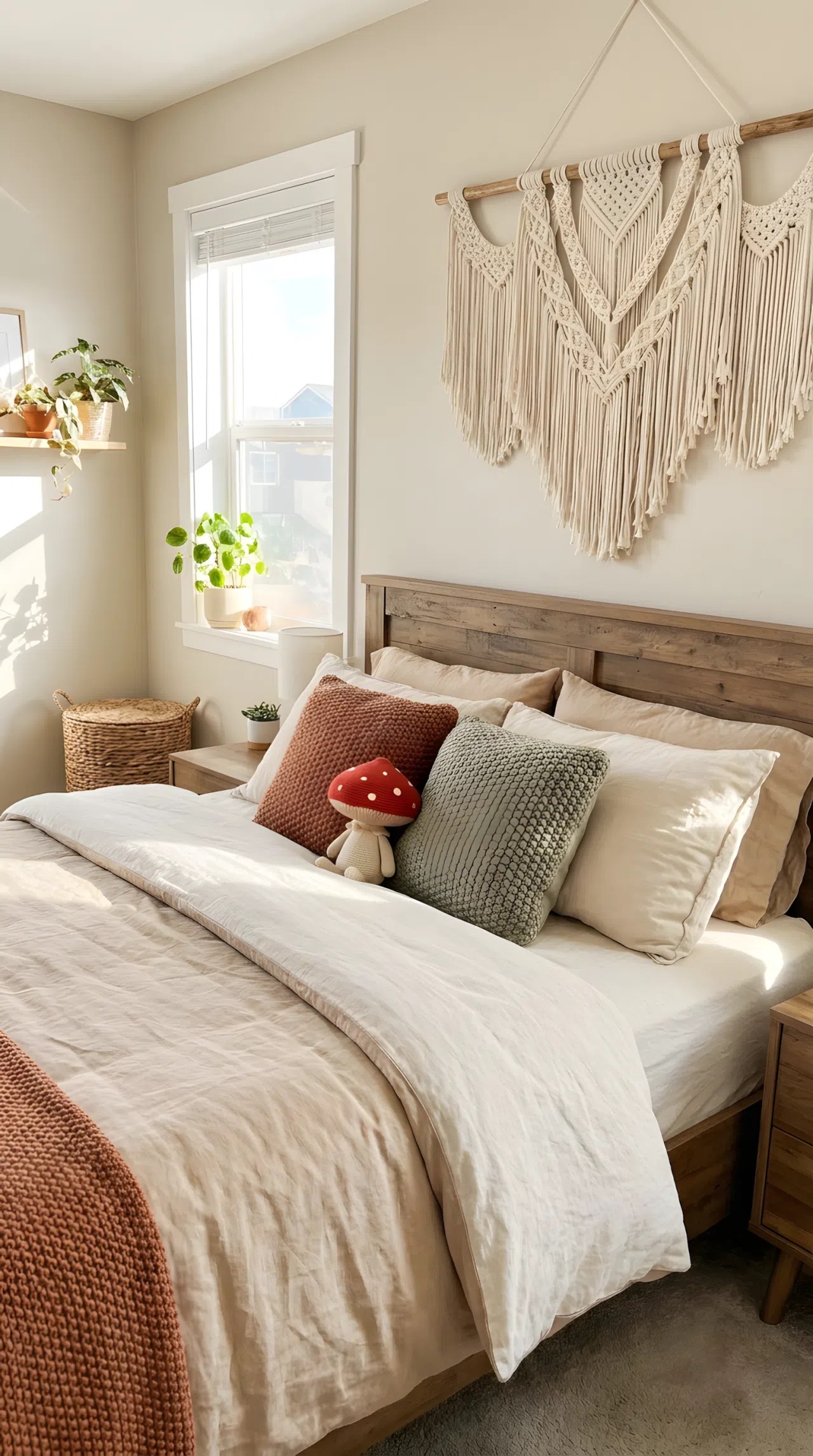 Real-life photograph, stock photo style, neatly made bed with soft neutral bedding, handmade macrame wall hanging above headboard, organized and clean bedroom, small cute red mushroom-shaped toy nestled among throw pillows, beautifully arranged, bright natural light, vibrant earthy tones, Pinterest-ready, not a render, not an illustration.