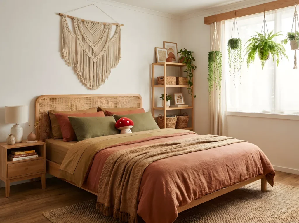 Real-life photograph, stock photo style, inviting boho bedroom overview shot, neatly made bed layered with terracotta and olive green textiles, woven rattan headboard, macrame wall hanging, hanging plants near sunlit window, small cute red mushroom-shaped toy resting on pillow, beautifully arranged decorative objects on nightstand and open shelf, clean and organized space, bright natural light streaming in, vibrant warm earthy tones, wide angle capturing full room, Pinterest-ready aesthetic, not a render, not an illustration, not a sketch.