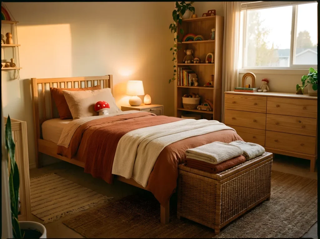 A warm and cozy boys bedroom, neatly made bed with layered warm-toned bedding and a small red mushroom-shaped plush toy on the pillow, soft ambient lamp light glowing beside the headboard, wooden furniture and a woven storage bench at the foot of the bed, beautifully arranged and organized, golden hour natural light through the window, real-life lifestyle photography, inviting and comfortable atmosphere, no people, no text overlays.