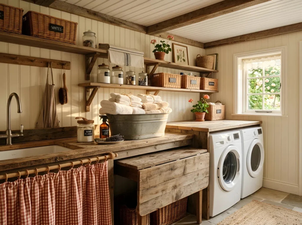 A warm and cozy cottage laundry room with beadboard ceiling, reclaimed wood folding table, a vintage galvanized washtub filled with folded towels, soft gingham curtain beneath the sink, warm ambient light mixing with golden afternoon sun, neatly made and beautifully arranged, organized shelving, real-life stock photography style, vibrant warm tones, vertical 2:3 composition, COTTAGE comfort.
