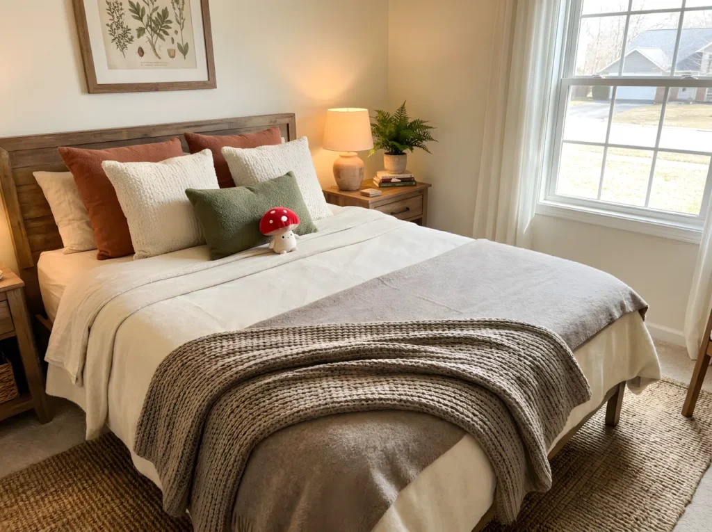 Cozy bedroom interior, neatly made bed with layered cream and warm taupe bedding, chunky knit throw folded at the foot, small red mushroom-shaped plush toy resting on the pillow, soft botanical wall art above the headboard, wooden nightstand with a small lamp and plant, beautifully arranged textured cushions, bright natural light streaming through a window, clean and organized styling, real-life photography, vibrant warm tones, wide shot capturing the full cozy bedroom aesthetic, shallow depth of field, Pinterest-style composition